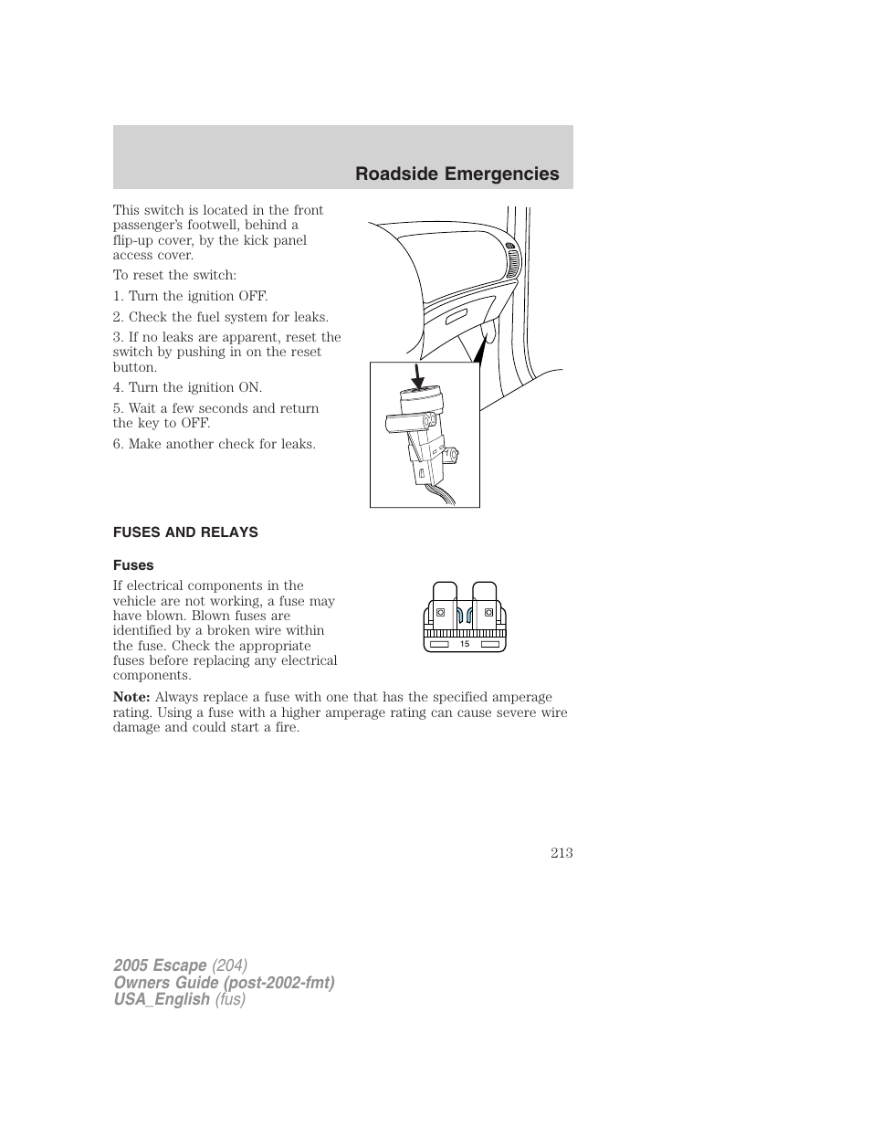 Fuses and relays, Fuses, Roadside emergencies | FORD 2005 Escape v.4 User Manual | Page 213 / 296