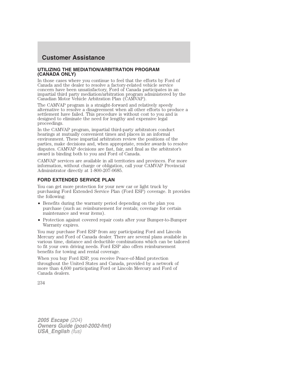 Ford extended service plan, Customer assistance | FORD 2005 Escape v.4 User Manual | Page 234 / 296