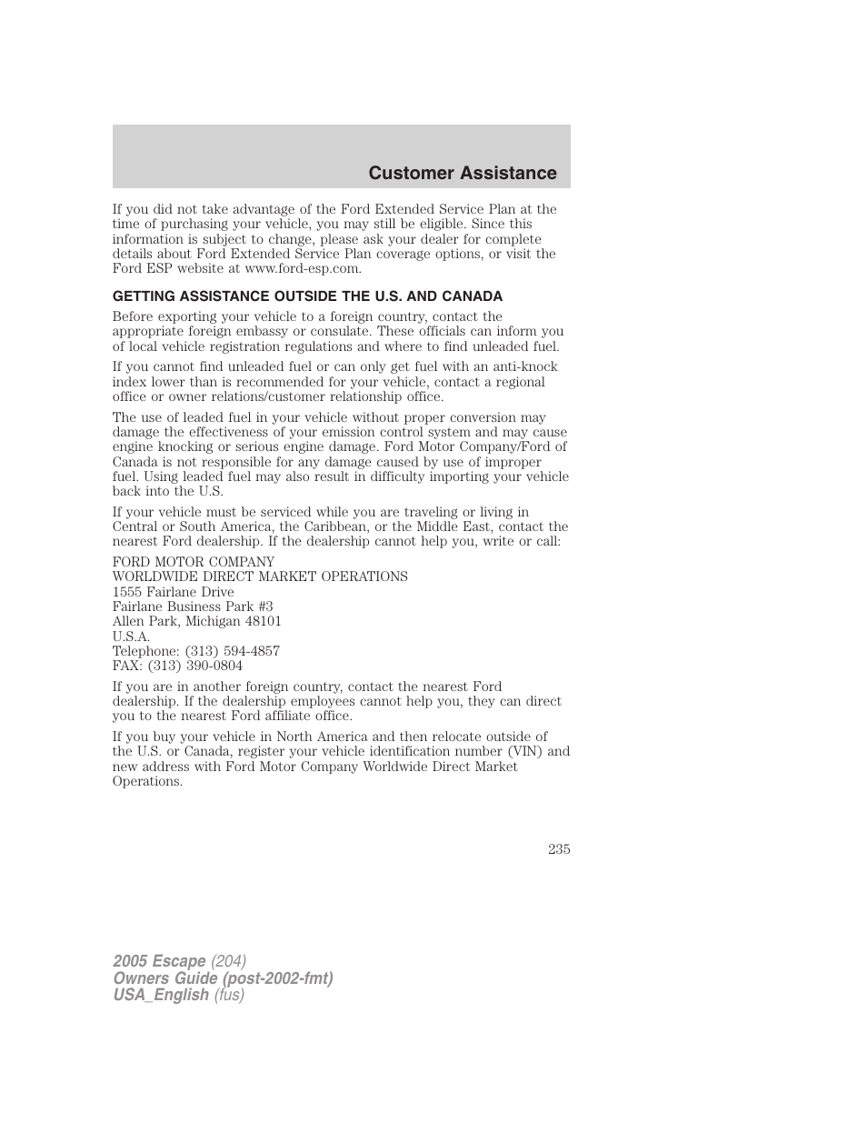 Getting assistance outside the u.s. and canada, Customer assistance | FORD 2005 Escape v.4 User Manual | Page 235 / 296