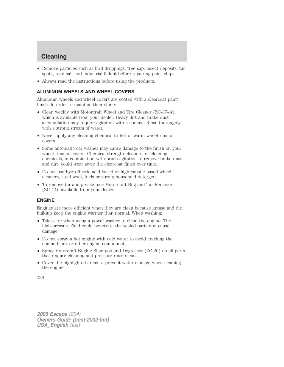 Aluminum wheels and wheel covers, Engine, Cleaning | FORD 2005 Escape v.4 User Manual | Page 238 / 296