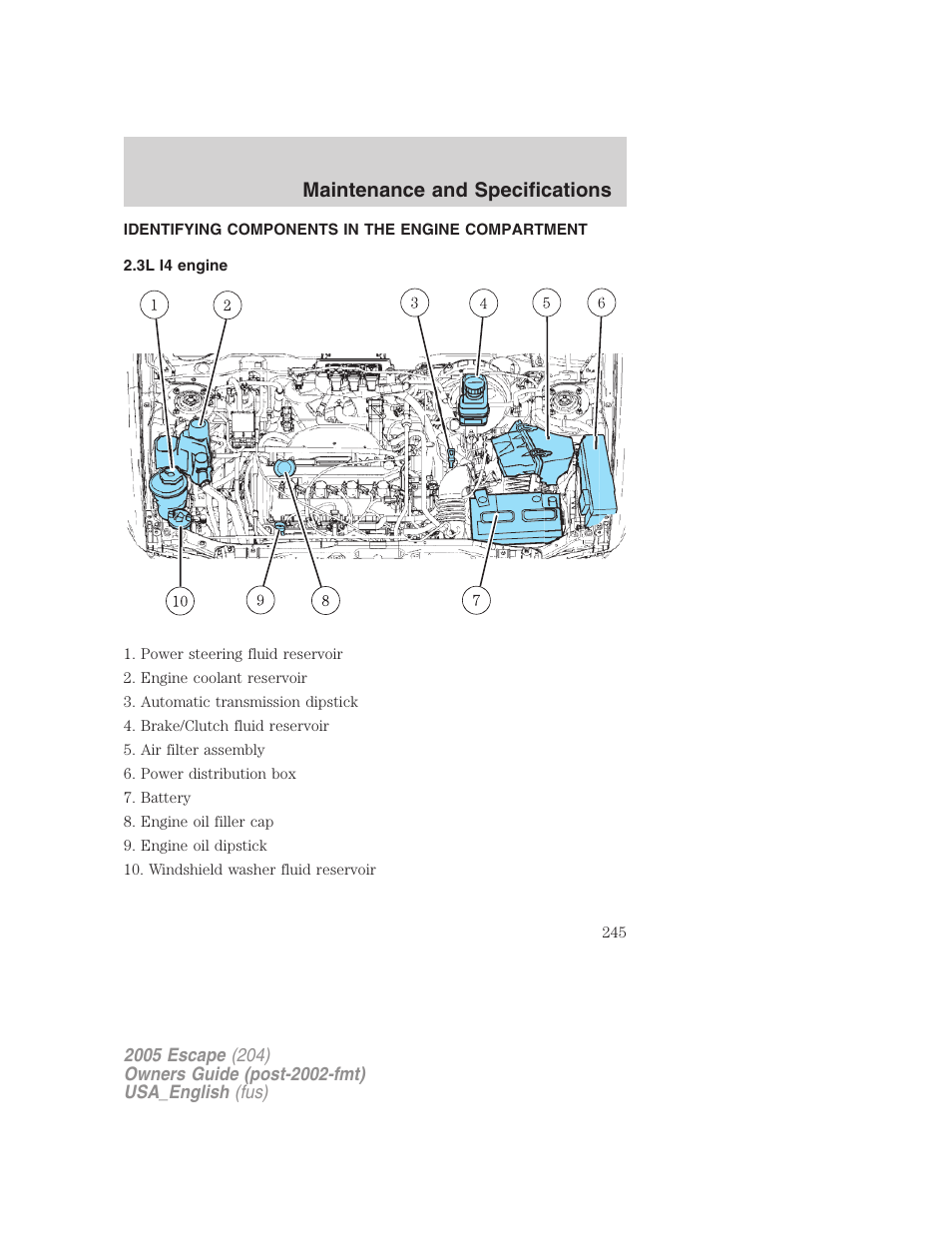 Identifying components in the engine compartment, 3l i4 engine, Engine compartment | Maintenance and specifications | FORD 2005 Escape v.4 User Manual | Page 245 / 296