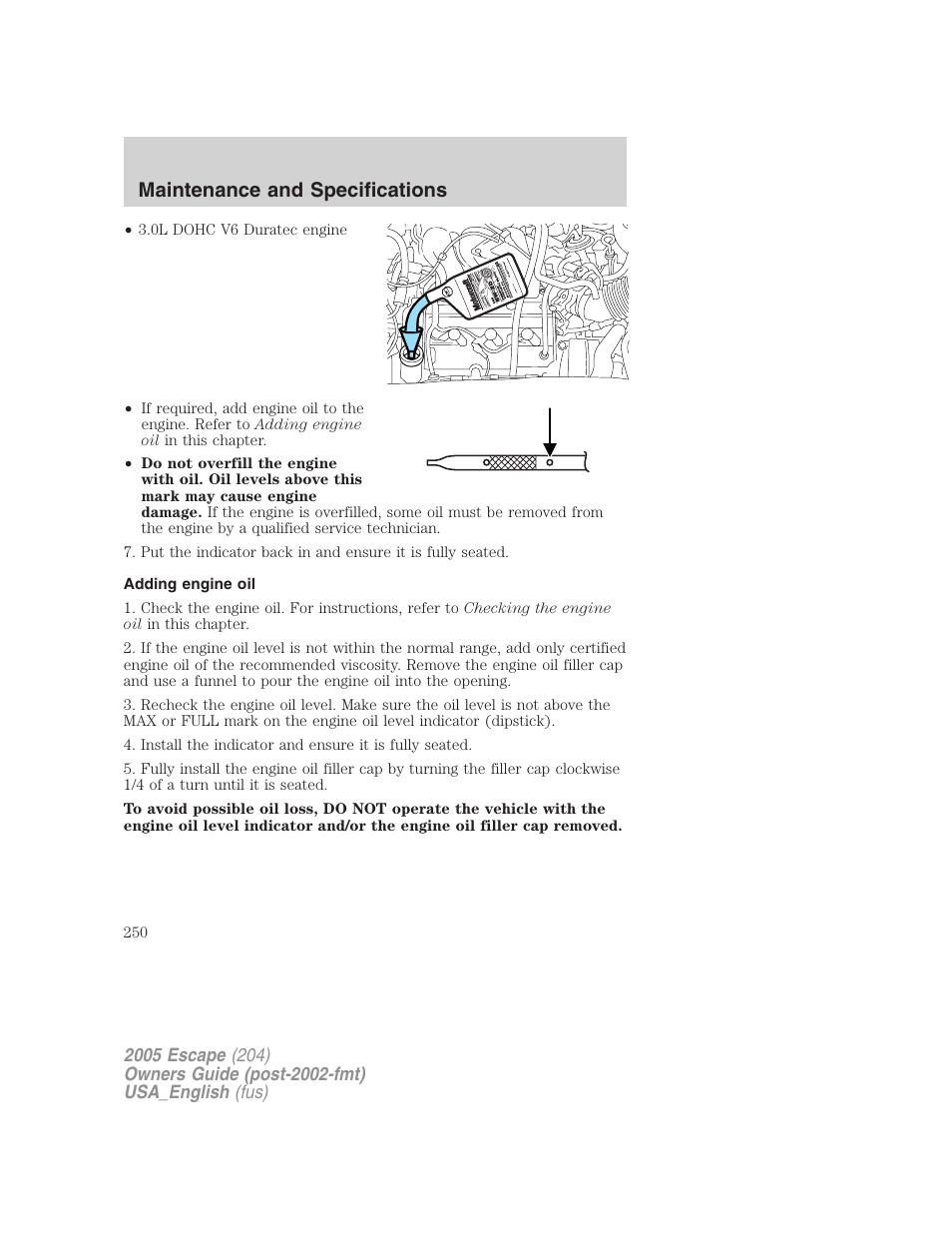 Adding engine oil, Maintenance and specifications | FORD 2005 Escape v.4 User Manual | Page 250 / 296