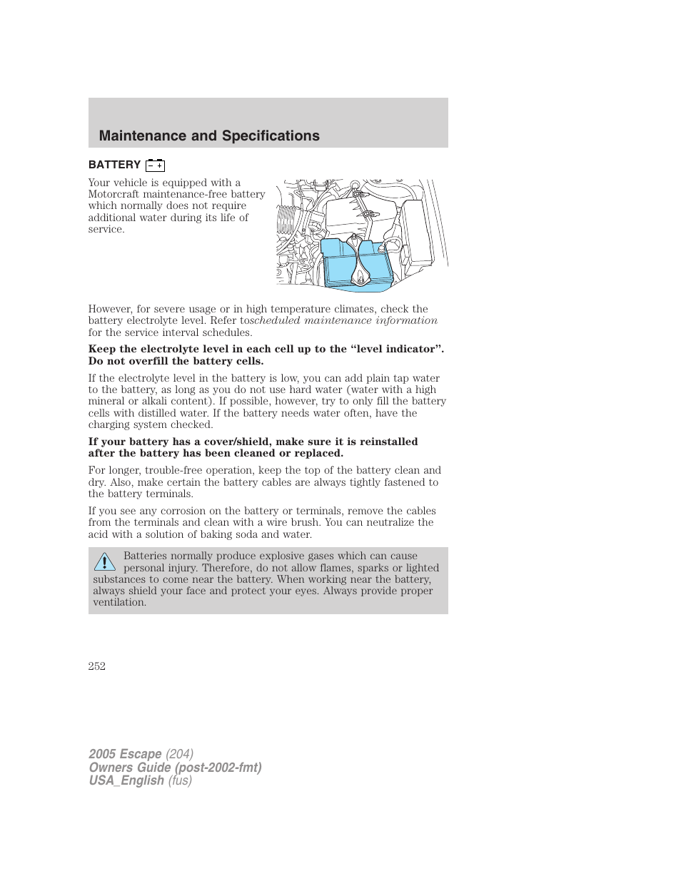 Battery, Maintenance and specifications | FORD 2005 Escape v.4 User Manual | Page 252 / 296