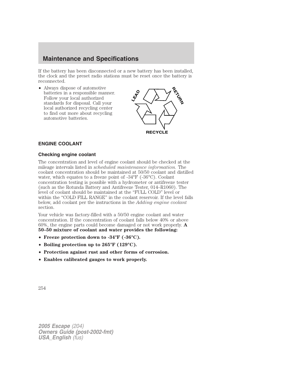 Engine coolant, Checking engine coolant, Maintenance and specifications | FORD 2005 Escape v.4 User Manual | Page 254 / 296