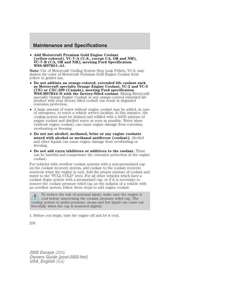 Maintenance and specifications | FORD 2005 Escape v.4 User Manual | Page 256 / 296