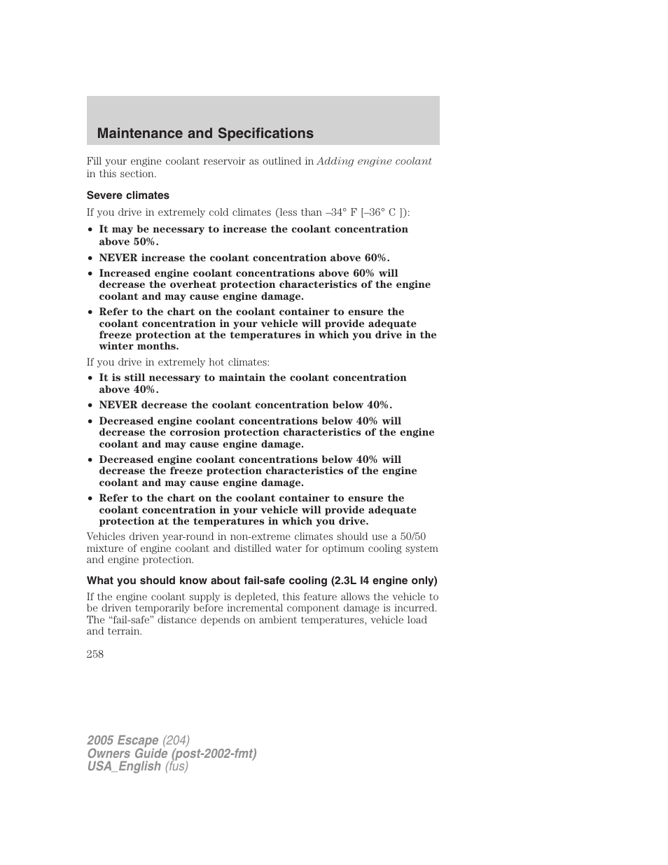 Severe climates, Maintenance and specifications | FORD 2005 Escape v.4 User Manual | Page 258 / 296