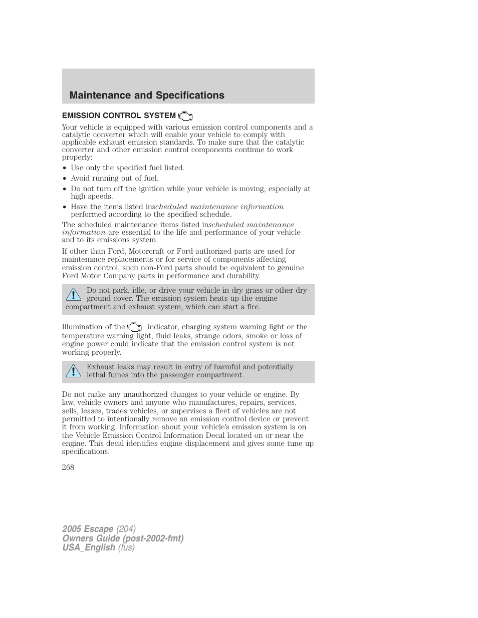 Emission control system, Maintenance and specifications | FORD 2005 Escape v.4 User Manual | Page 268 / 296