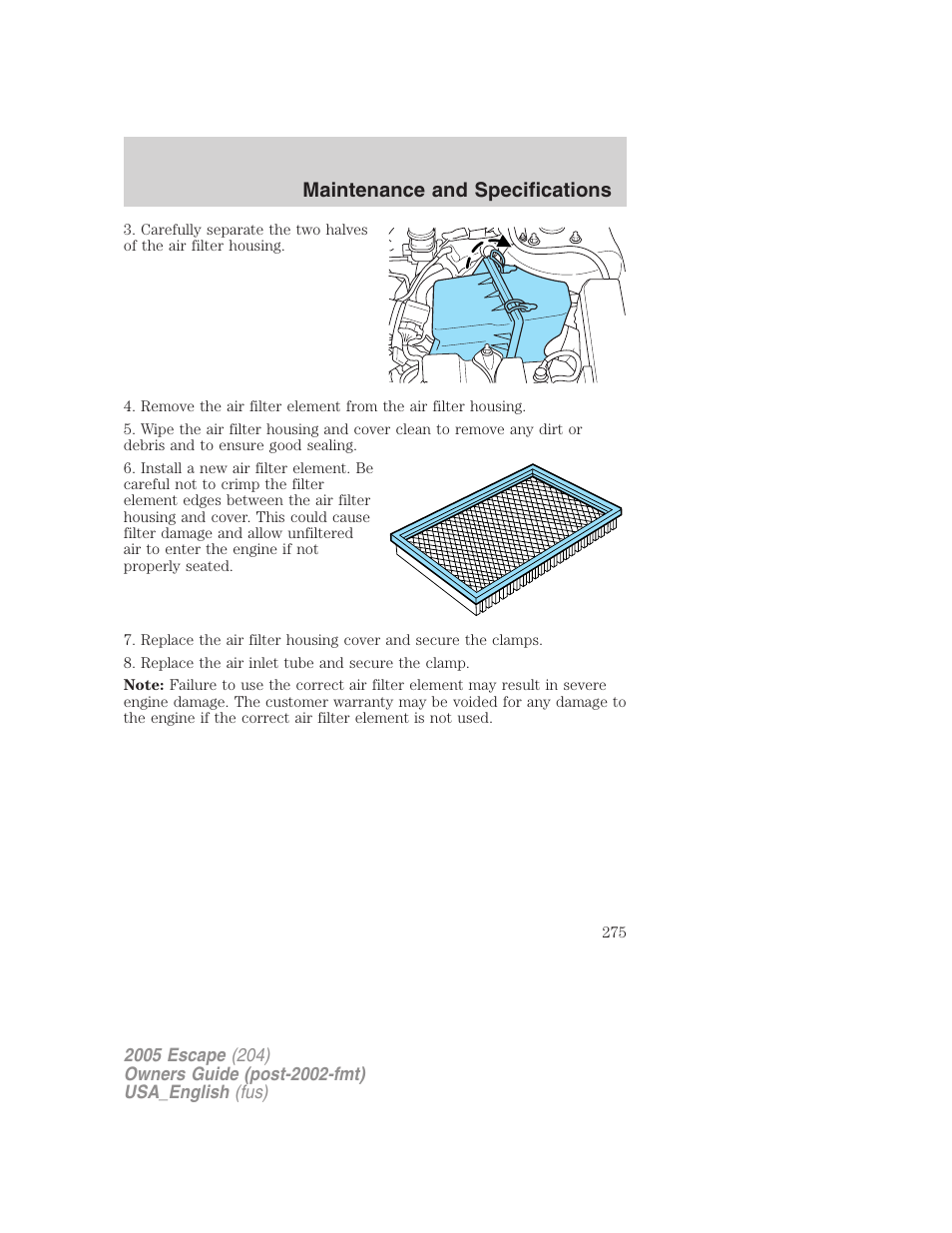 Maintenance and specifications | FORD 2005 Escape v.4 User Manual | Page 275 / 296