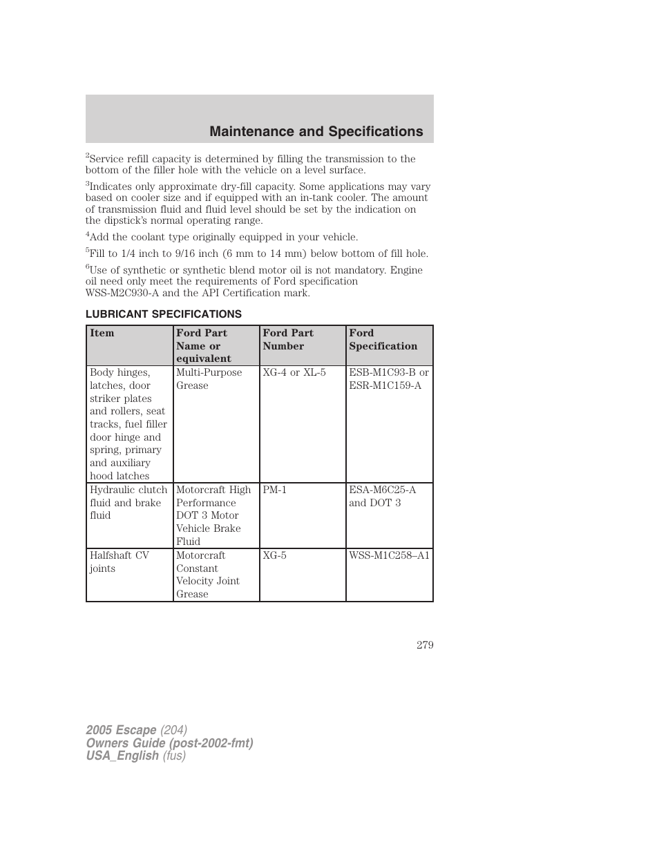 Lubricant specifications, Maintenance and specifications | FORD 2005 Escape v.4 User Manual | Page 279 / 296