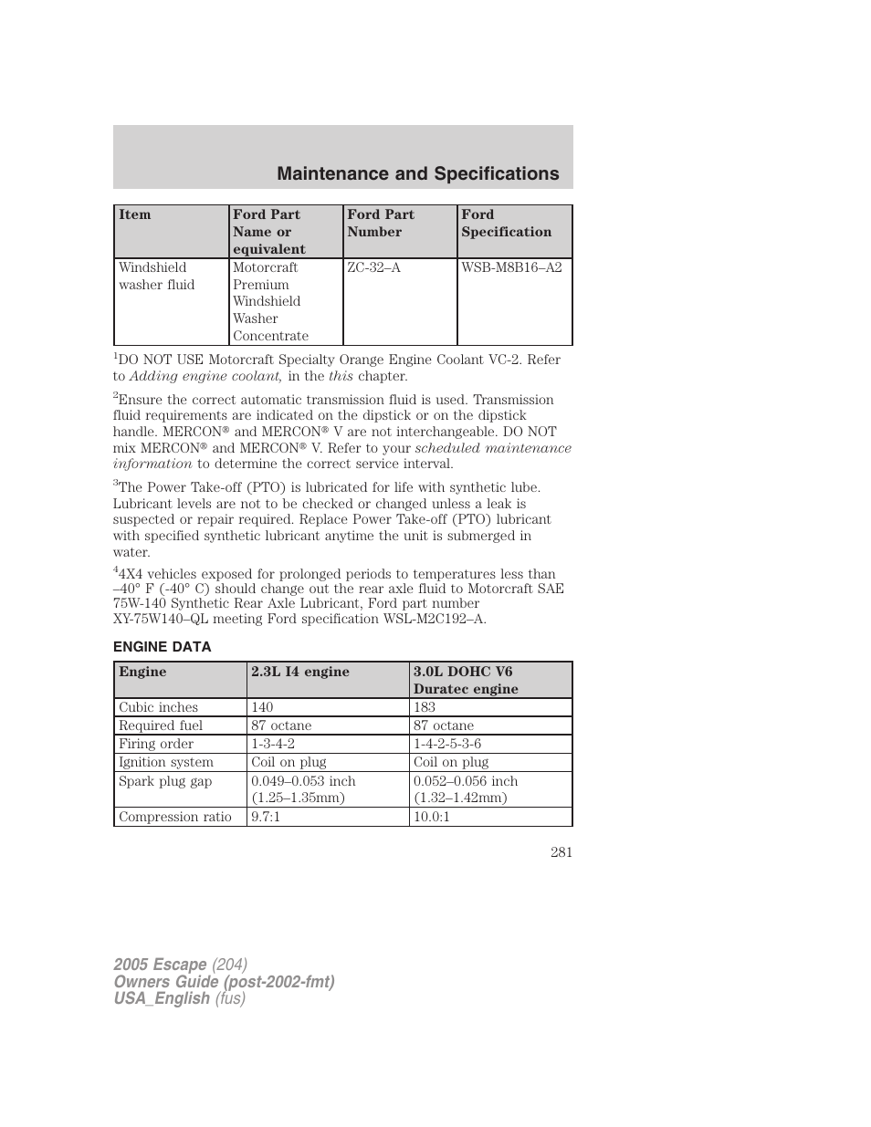 Engine data, Maintenance and specifications | FORD 2005 Escape v.4 User Manual | Page 281 / 296