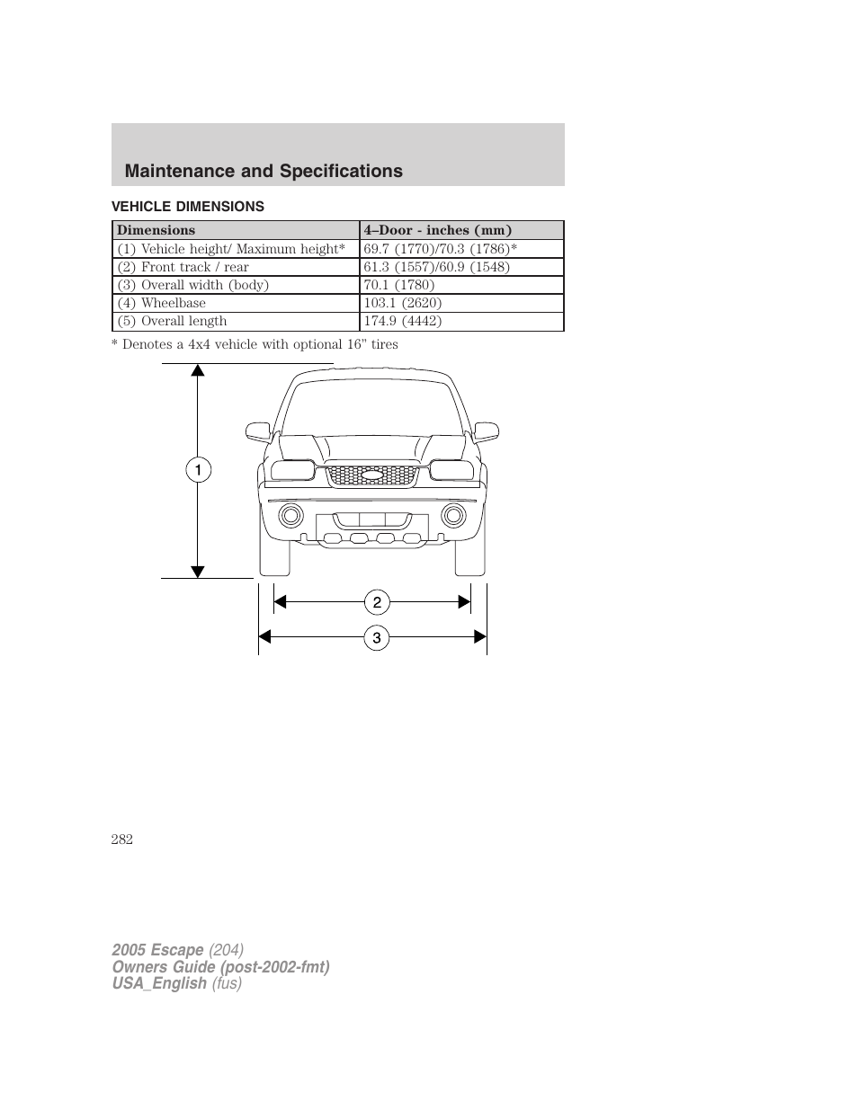 Vehicle dimensions, Maintenance and specifications | FORD 2005 Escape v.4 User Manual | Page 282 / 296