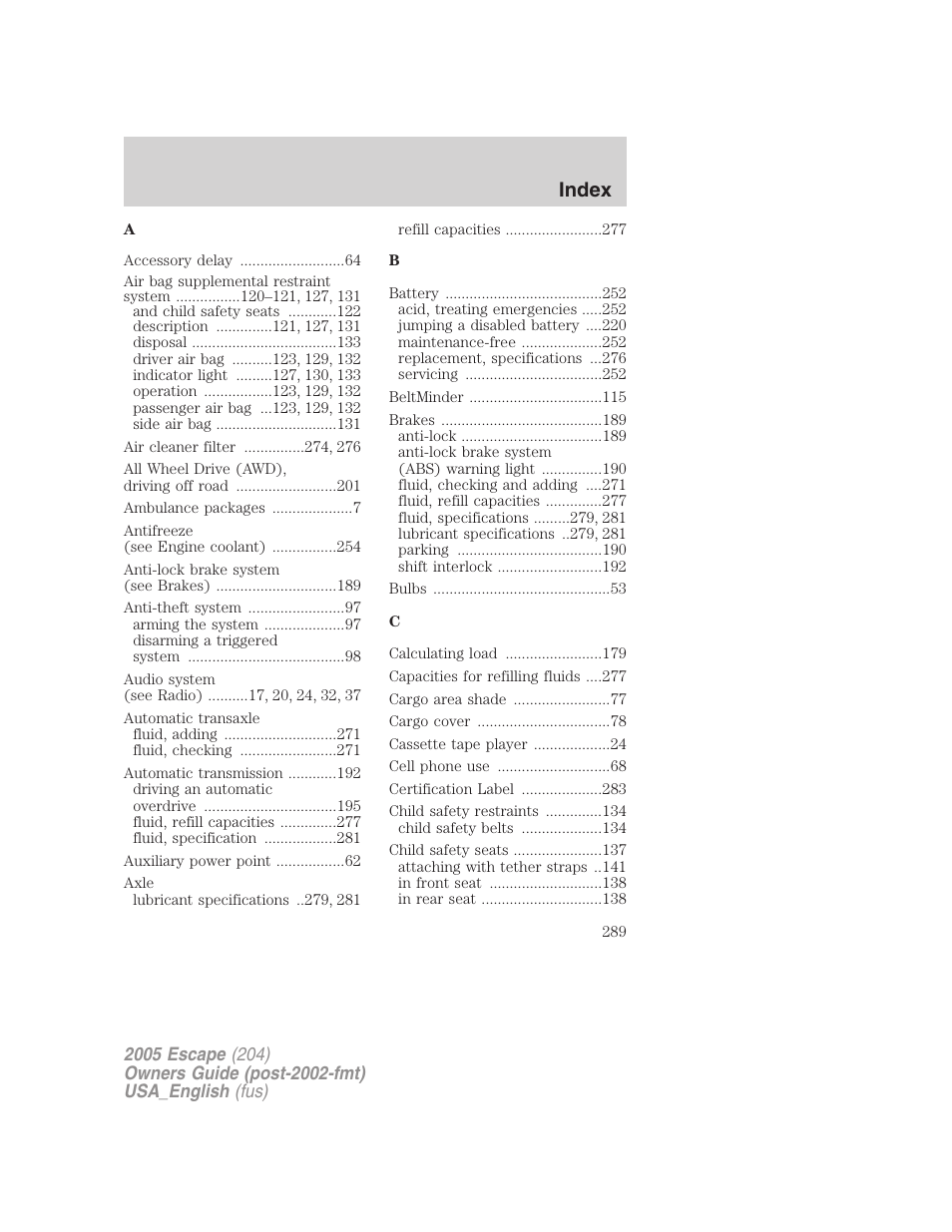Index | FORD 2005 Escape v.4 User Manual | Page 289 / 296