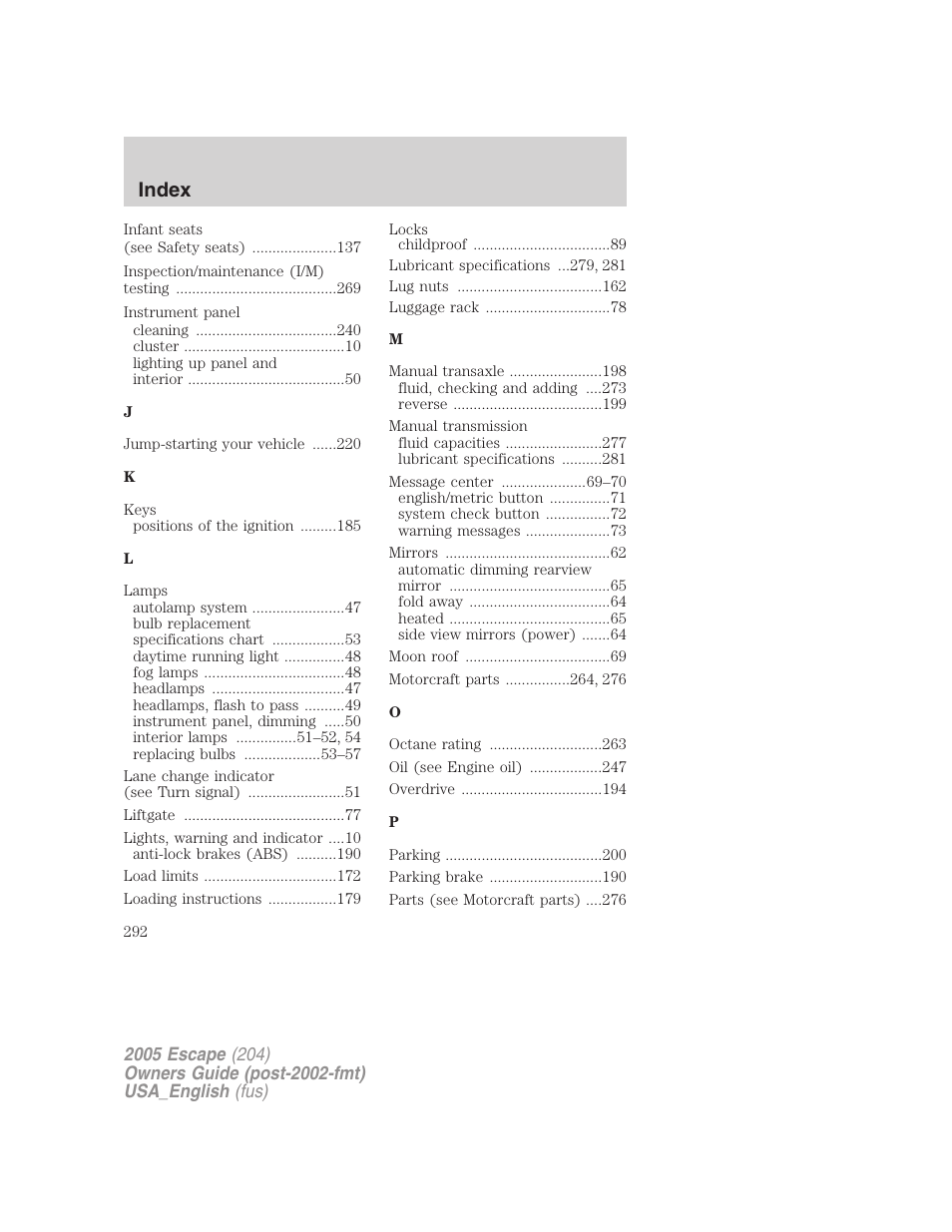 Index | FORD 2005 Escape v.4 User Manual | Page 292 / 296