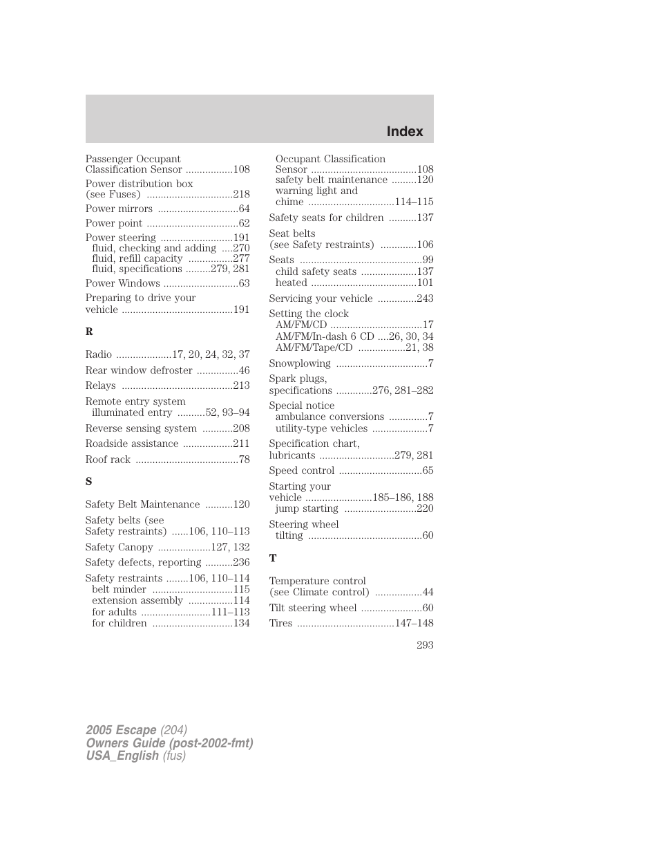 Index | FORD 2005 Escape v.4 User Manual | Page 293 / 296