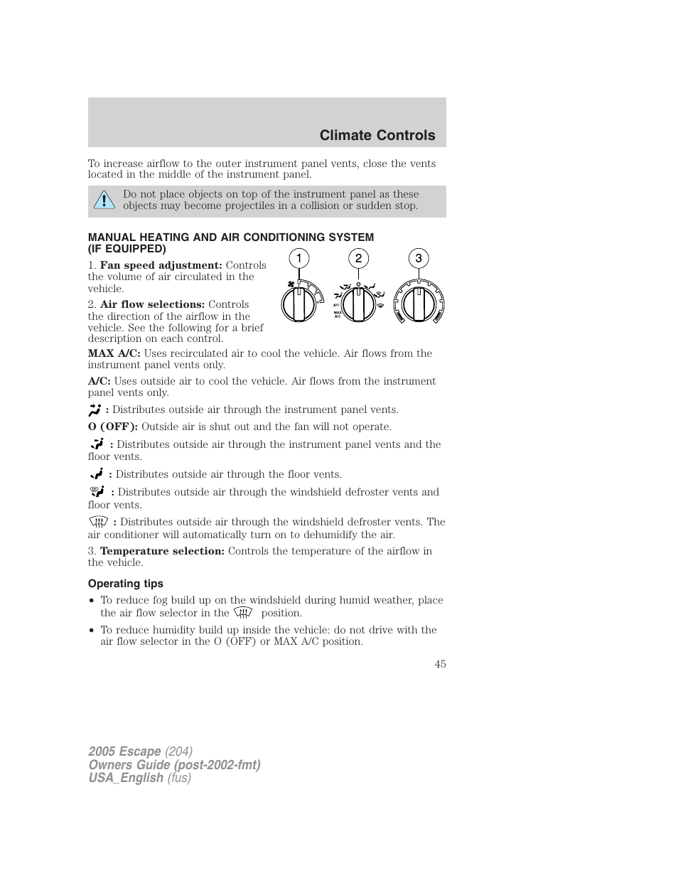 Operating tips, Manual heating and air conditioning, Climate controls | FORD 2005 Escape v.4 User Manual | Page 45 / 296