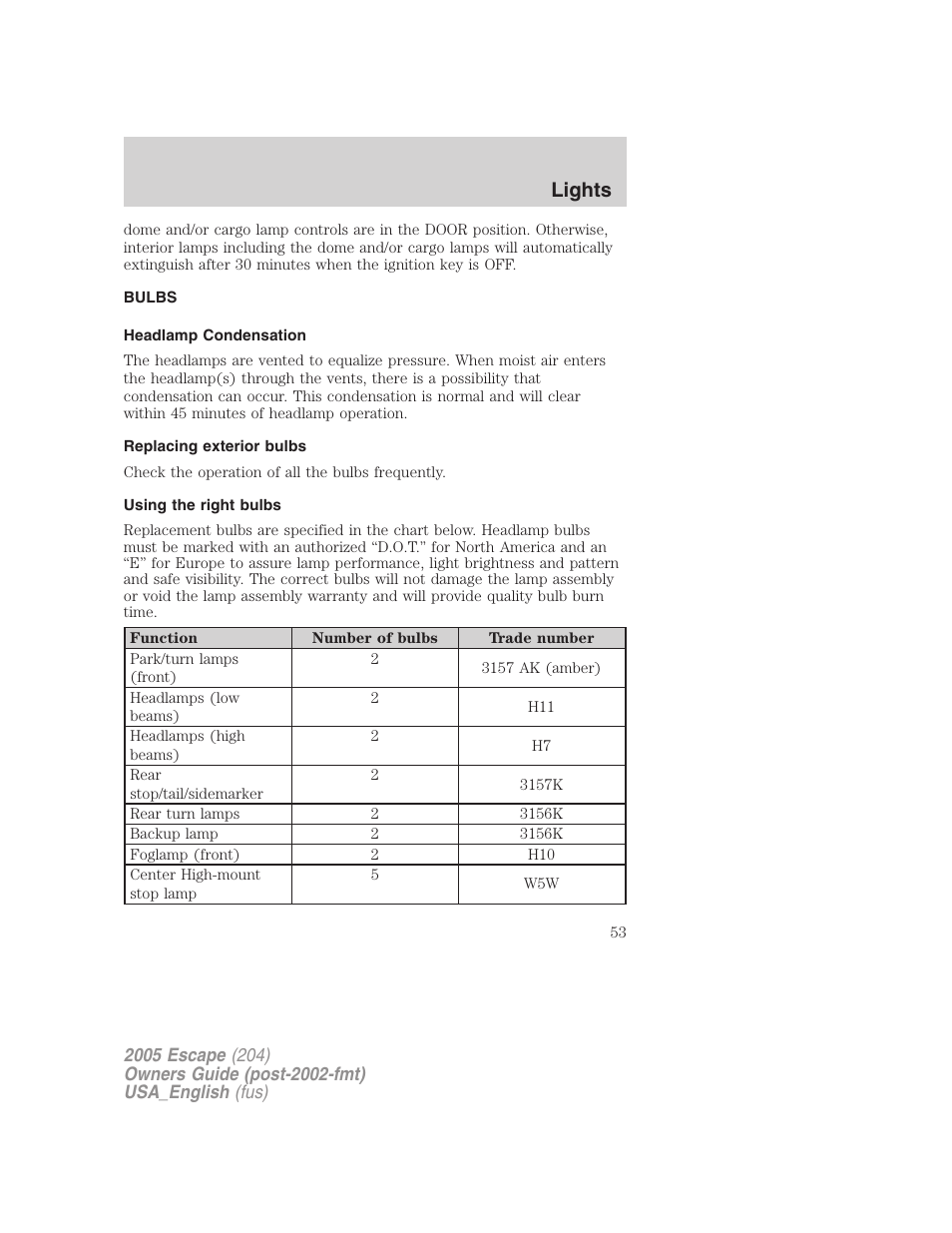 Bulbs, Headlamp condensation, Replacing exterior bulbs | Using the right bulbs, Bulb replacement, Lights | FORD 2005 Escape v.4 User Manual | Page 53 / 296