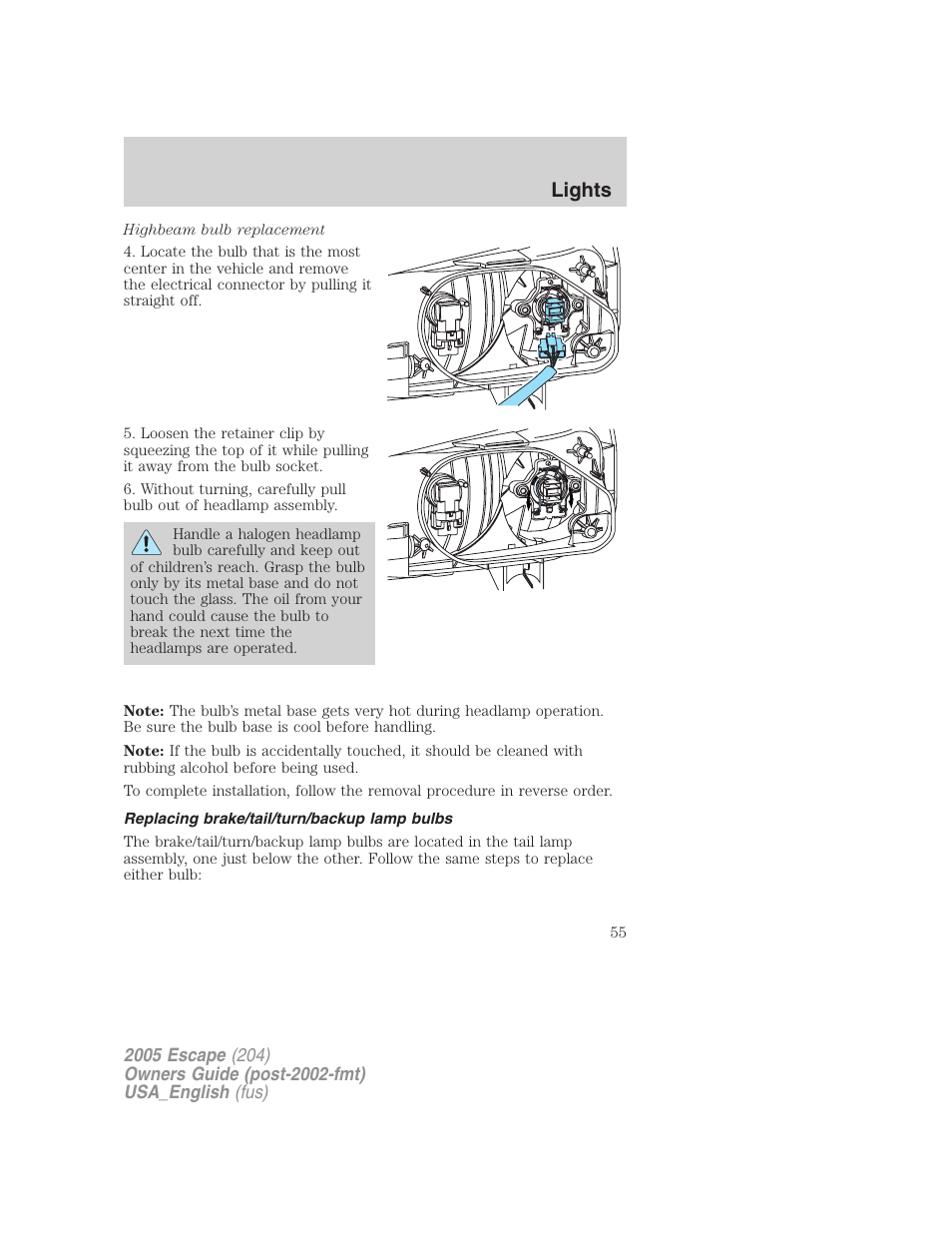 Replacing brake/tail/turn/backup lamp bulbs, Lights | FORD 2005 Escape v.4 User Manual | Page 55 / 296