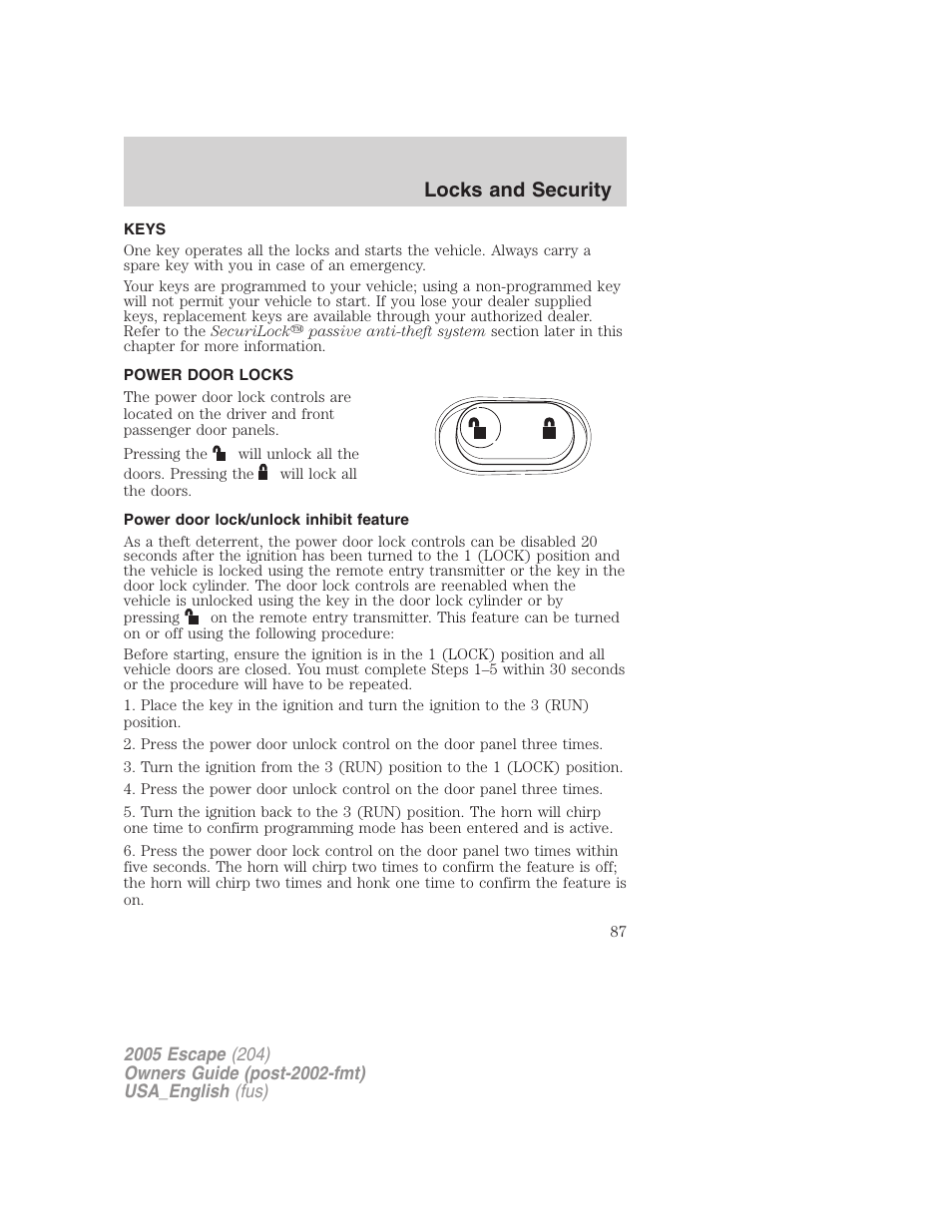 Locks and security, Keys, Power door locks | Power door lock/unlock inhibit feature, Locks | FORD 2005 Escape v.4 User Manual | Page 87 / 296