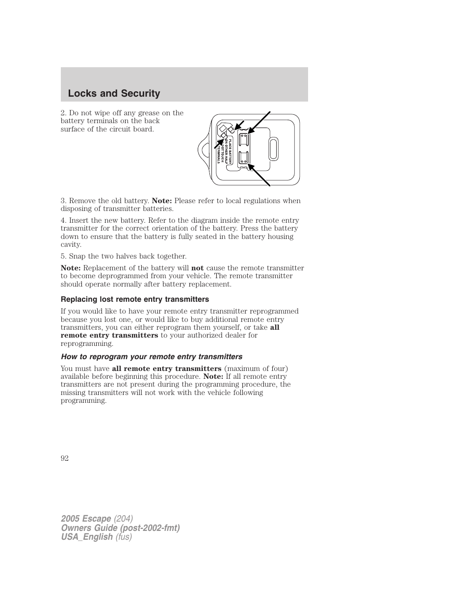 Replacing lost remote entry transmitters, How to reprogram your remote entry transmitters, Locks and security | FORD 2005 Escape v.4 User Manual | Page 92 / 296