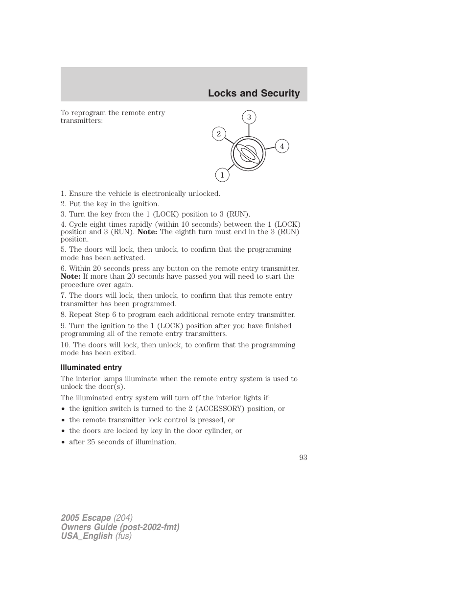 Illuminated entry, Locks and security | FORD 2005 Escape v.4 User Manual | Page 93 / 296