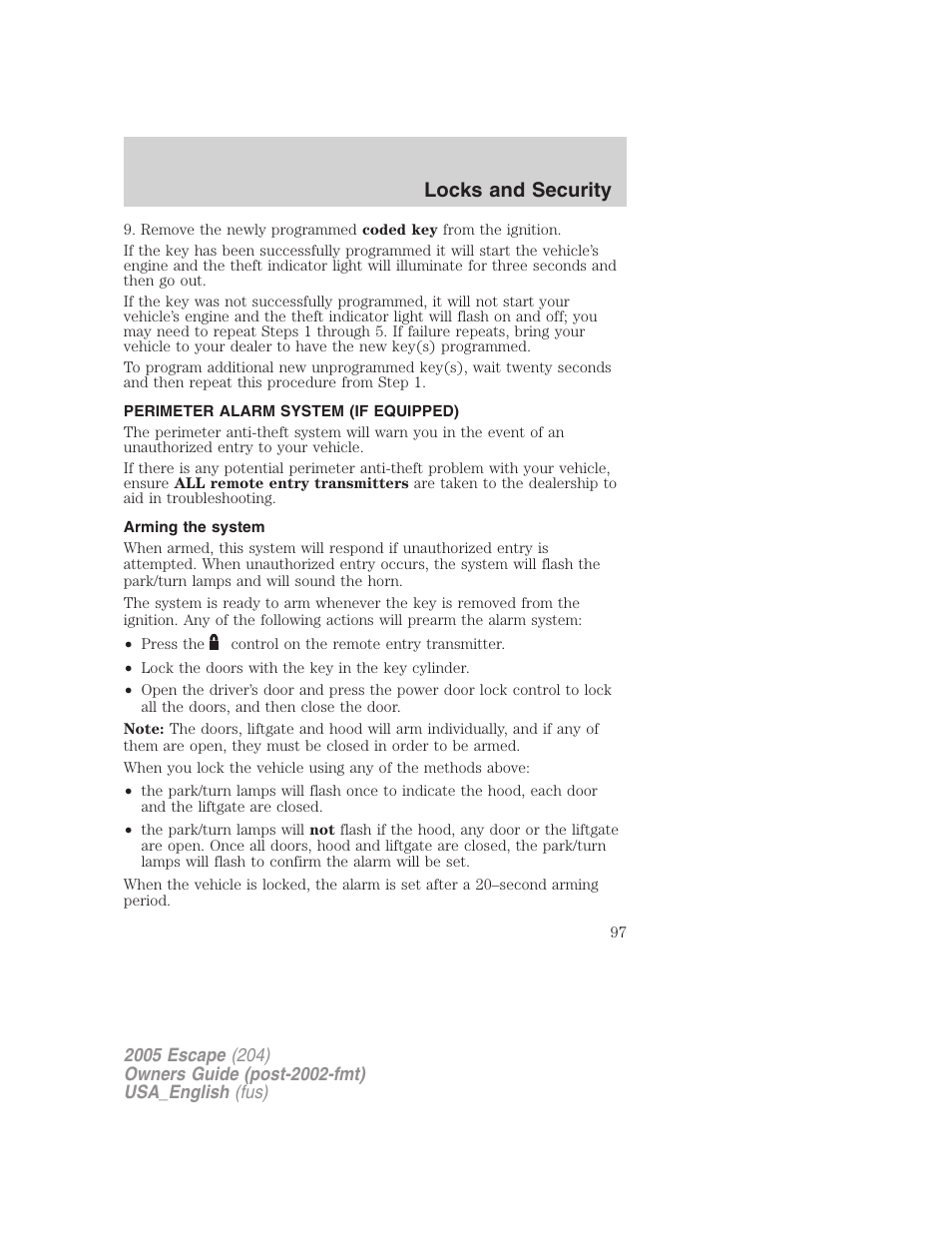 Perimeter alarm system (if equipped), Arming the system, Locks and security | FORD 2005 Escape v.4 User Manual | Page 97 / 296