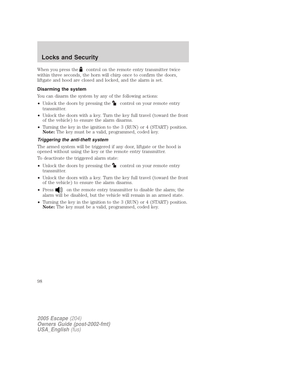 Disarming the system, Triggering the anti-theft system, Locks and security | FORD 2005 Escape v.4 User Manual | Page 98 / 296