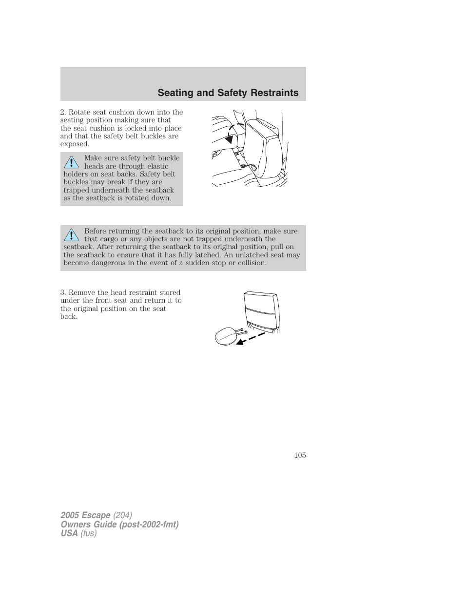 Seating and safety restraints | FORD 2005 Escape v.5 User Manual | Page 105 / 296