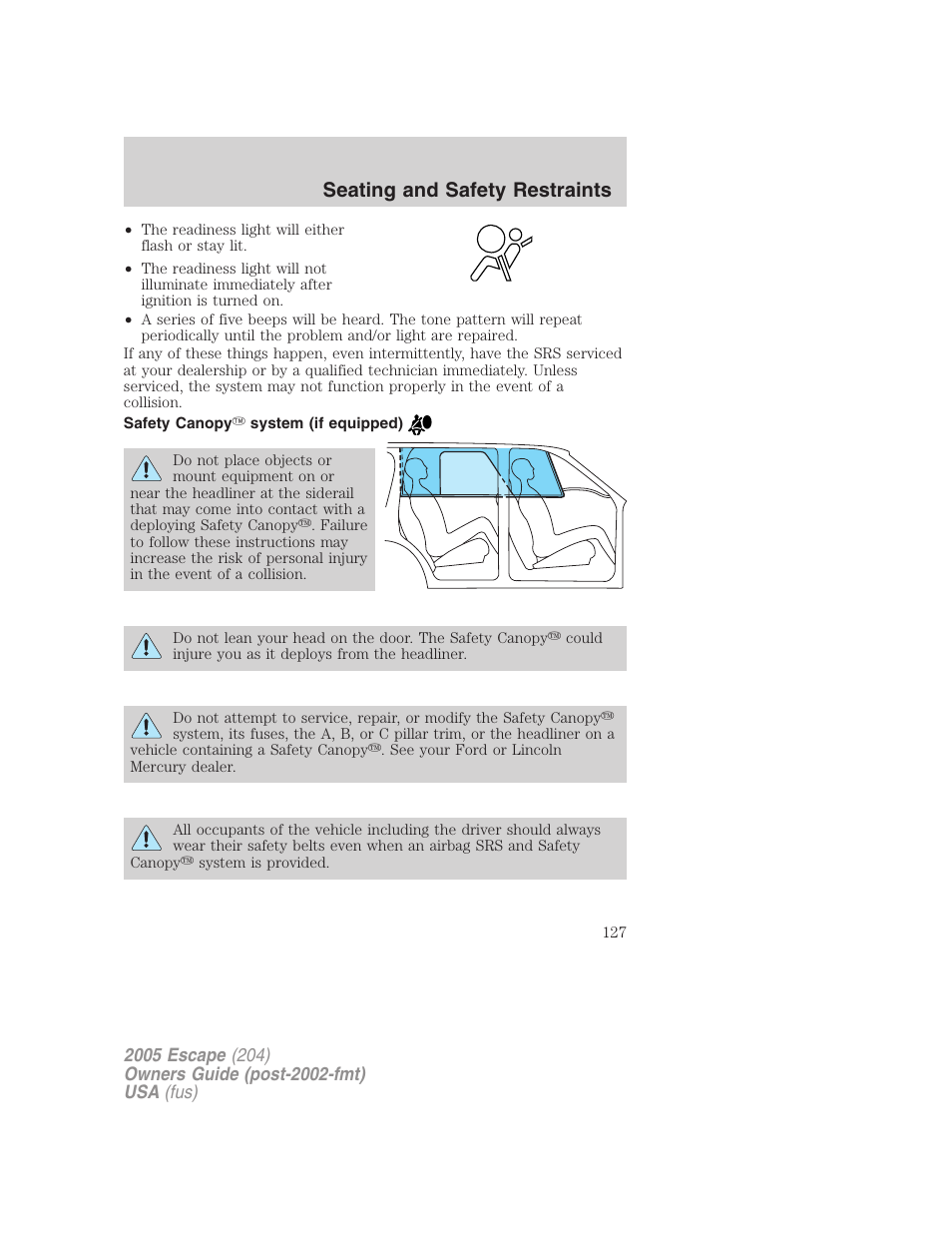 Safety canopy system (if equipped), Seating and safety restraints | FORD 2005 Escape v.5 User Manual | Page 127 / 296