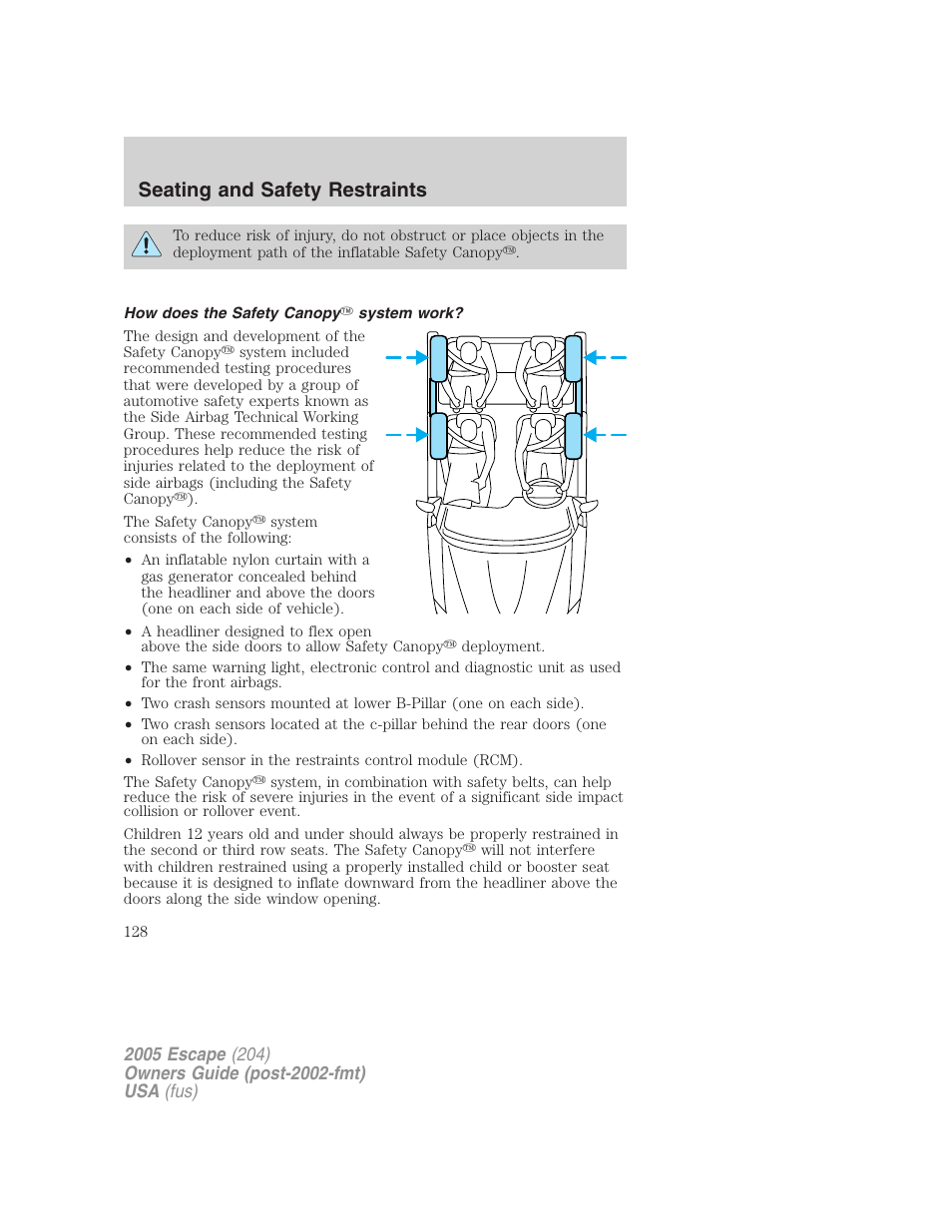 How does the safety canopy system work, Seating and safety restraints | FORD 2005 Escape v.5 User Manual | Page 128 / 296