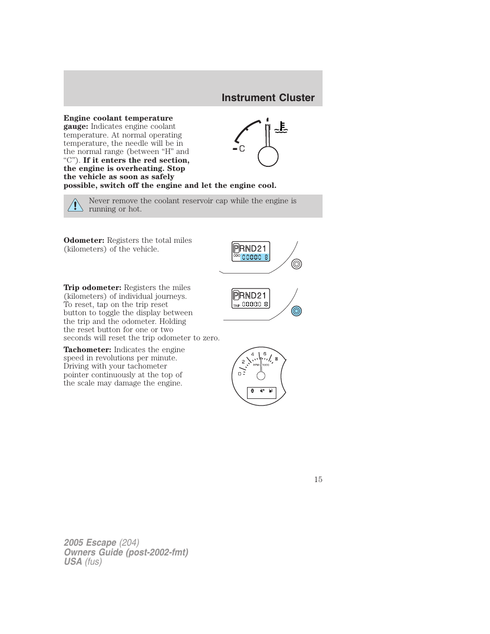 Instrument cluster | FORD 2005 Escape v.5 User Manual | Page 15 / 296
