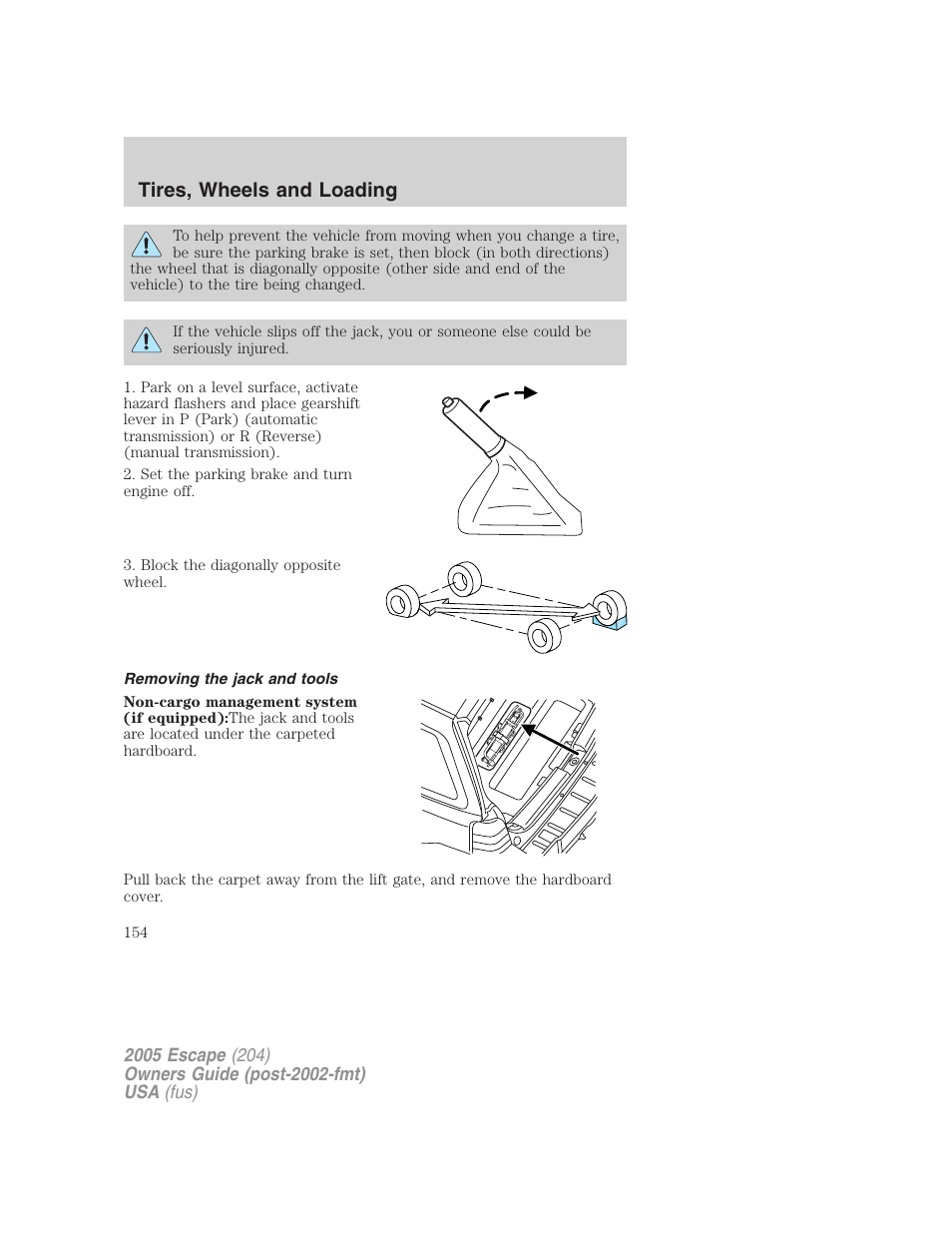 Removing the jack and tools, Tires, wheels and loading | FORD 2005 Escape v.5 User Manual | Page 154 / 296