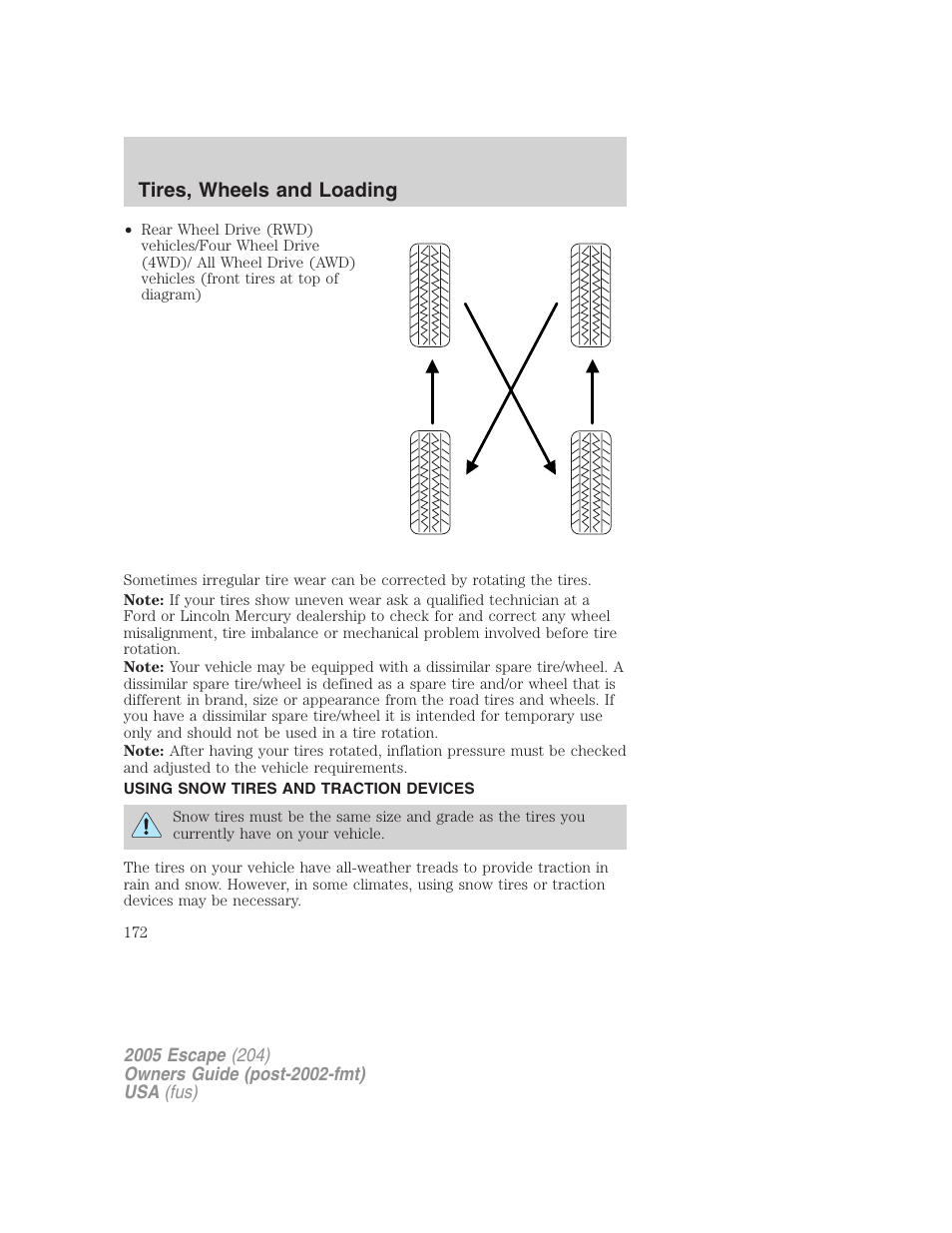 Using snow tires and traction devices, Tires, wheels and loading | FORD 2005 Escape v.5 User Manual | Page 172 / 296