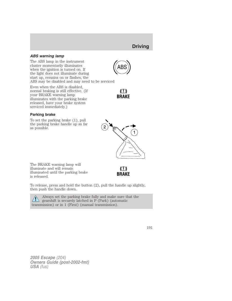 Abs warning lamp, Parking brake | FORD 2005 Escape v.5 User Manual | Page 191 / 296