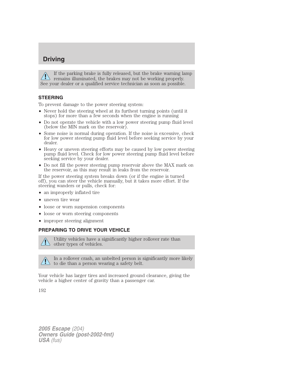 Steering, Preparing to drive your vehicle, Driving | FORD 2005 Escape v.5 User Manual | Page 192 / 296