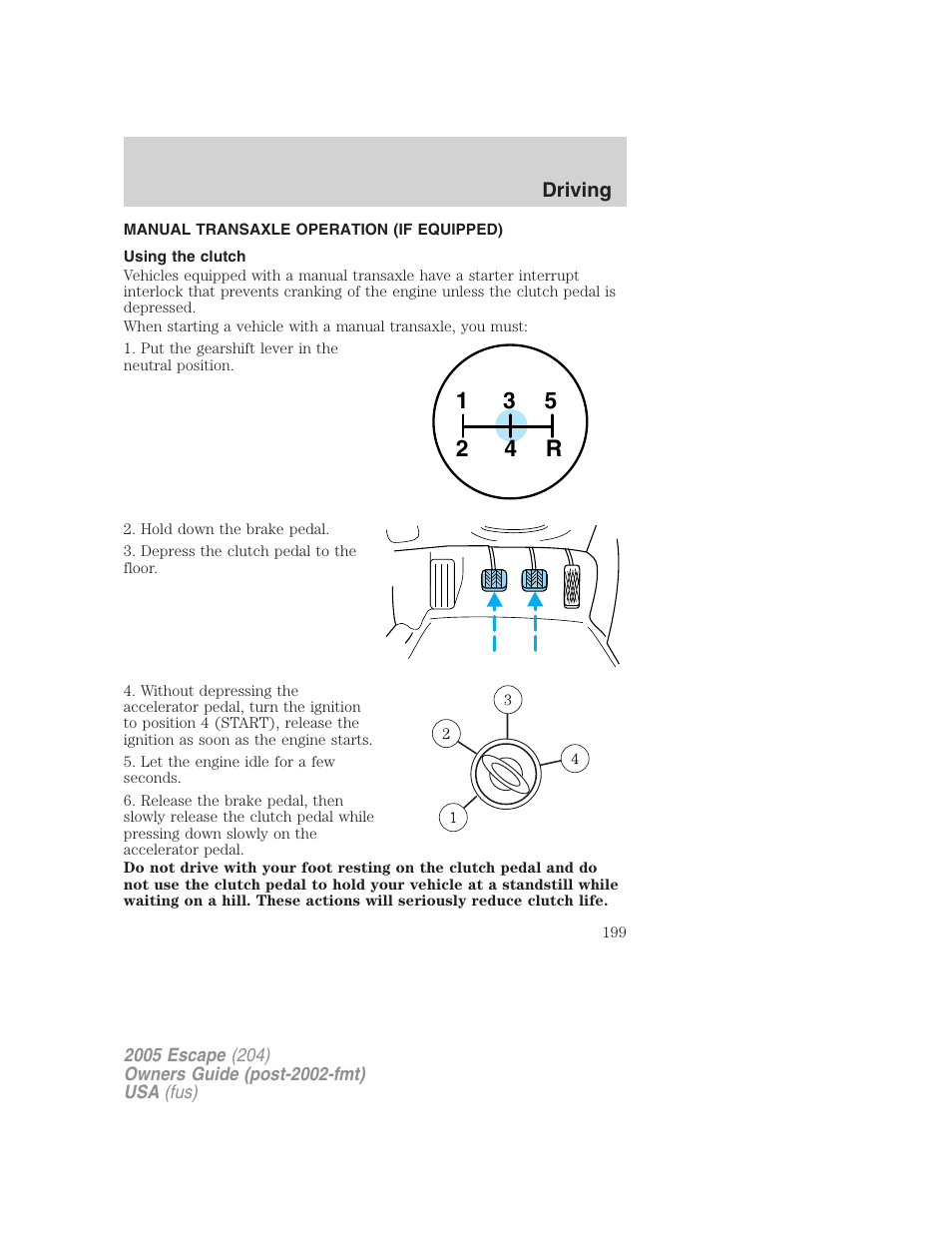 Manual transaxle operation (if equipped), Using the clutch | FORD 2005 Escape v.5 User Manual | Page 199 / 296