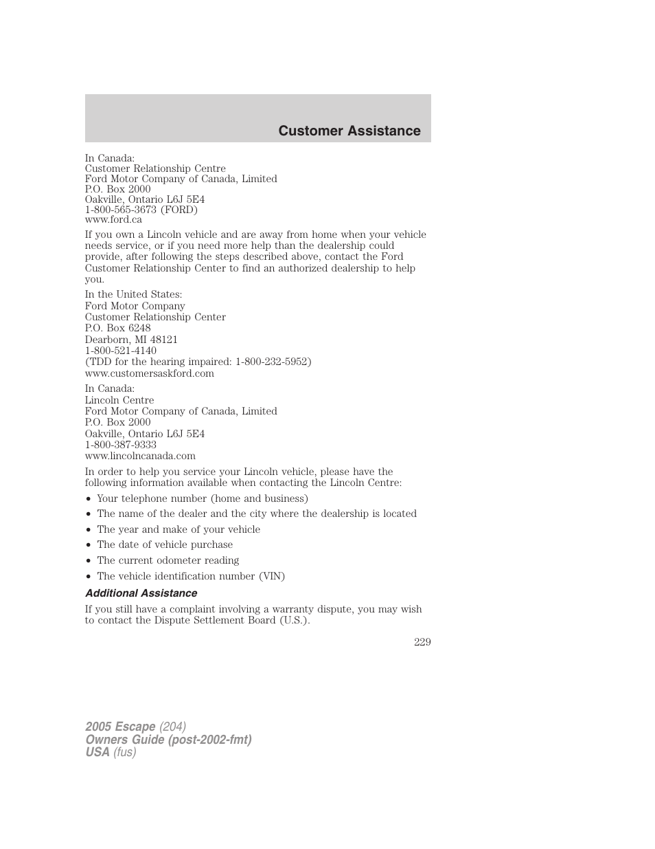 Additional assistance, Customer assistance | FORD 2005 Escape v.5 User Manual | Page 229 / 296