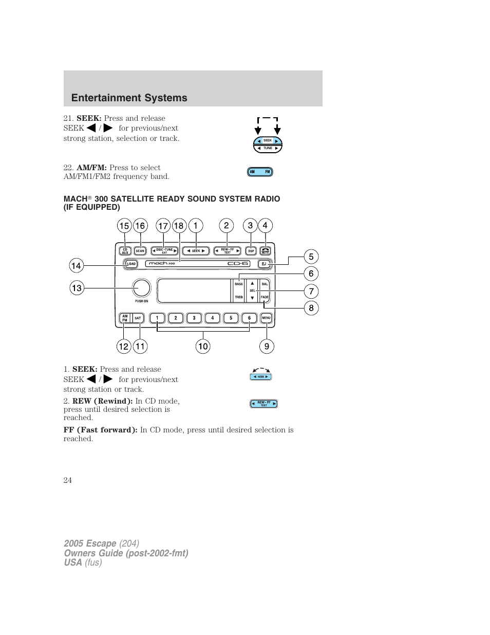 Am/fm stereo with in-dash six cd, Entertainment systems | FORD 2005 Escape v.5 User Manual | Page 24 / 296