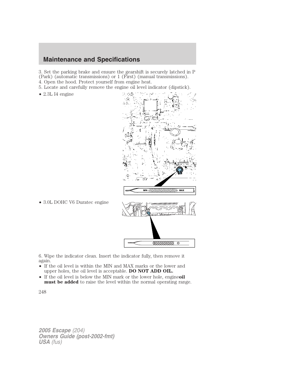 Maintenance and specifications | FORD 2005 Escape v.5 User Manual | Page 248 / 296