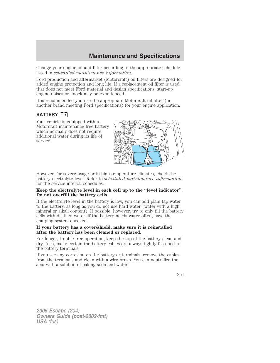 Battery, Maintenance and specifications | FORD 2005 Escape v.5 User Manual | Page 251 / 296