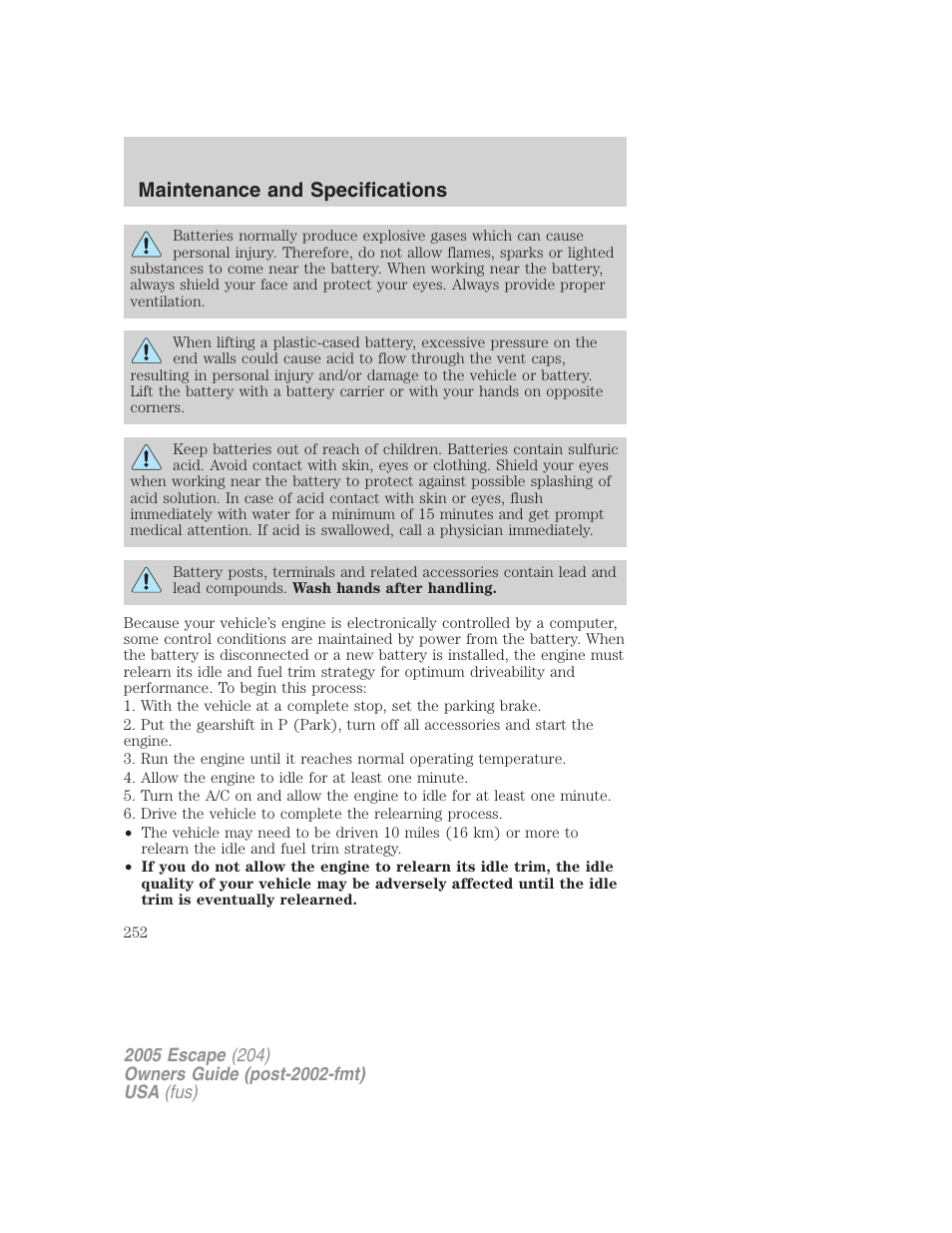 Maintenance and specifications | FORD 2005 Escape v.5 User Manual | Page 252 / 296