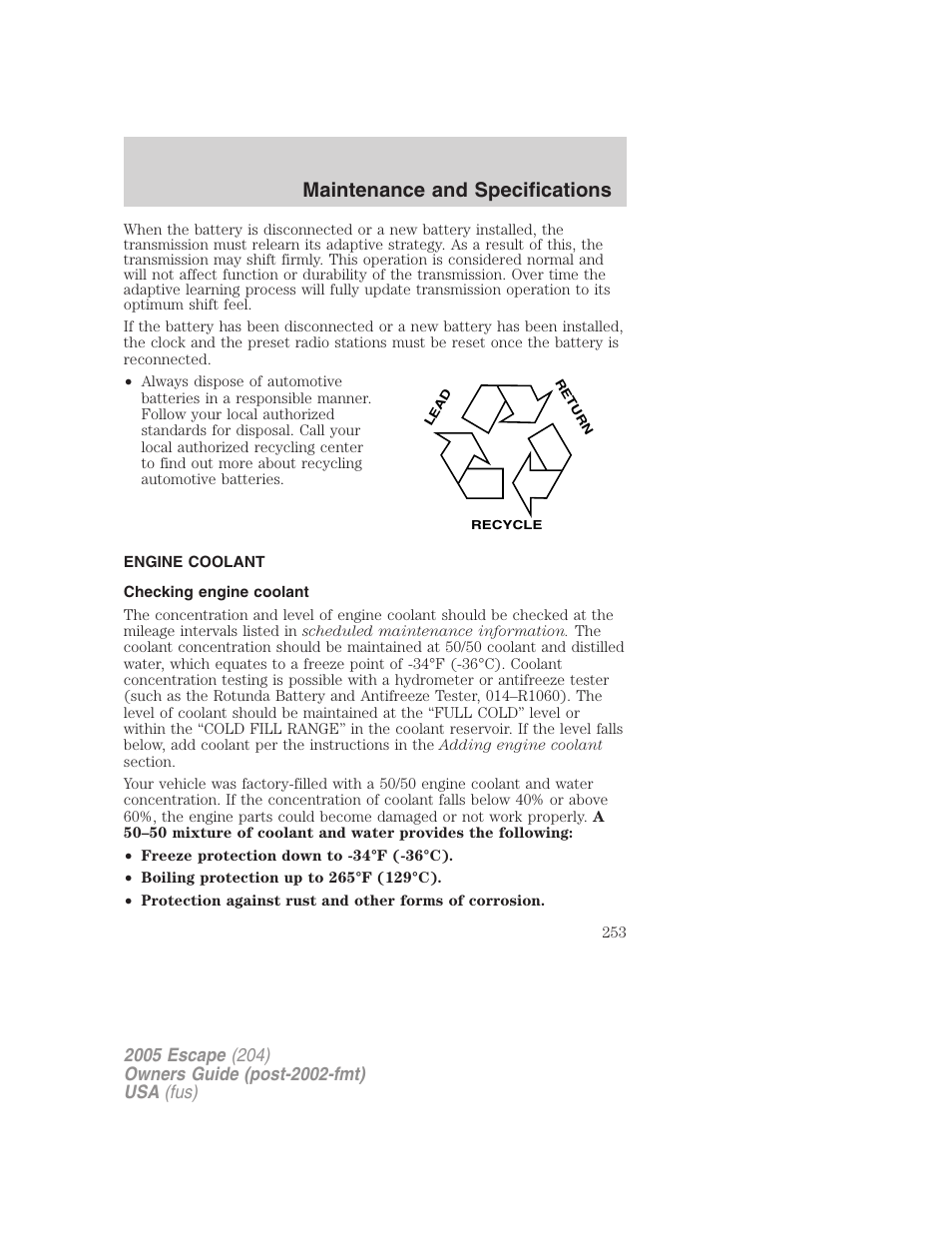 Engine coolant, Checking engine coolant, Maintenance and specifications | FORD 2005 Escape v.5 User Manual | Page 253 / 296