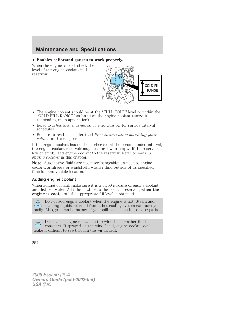 Adding engine coolant, Maintenance and specifications | FORD 2005 Escape v.5 User Manual | Page 254 / 296