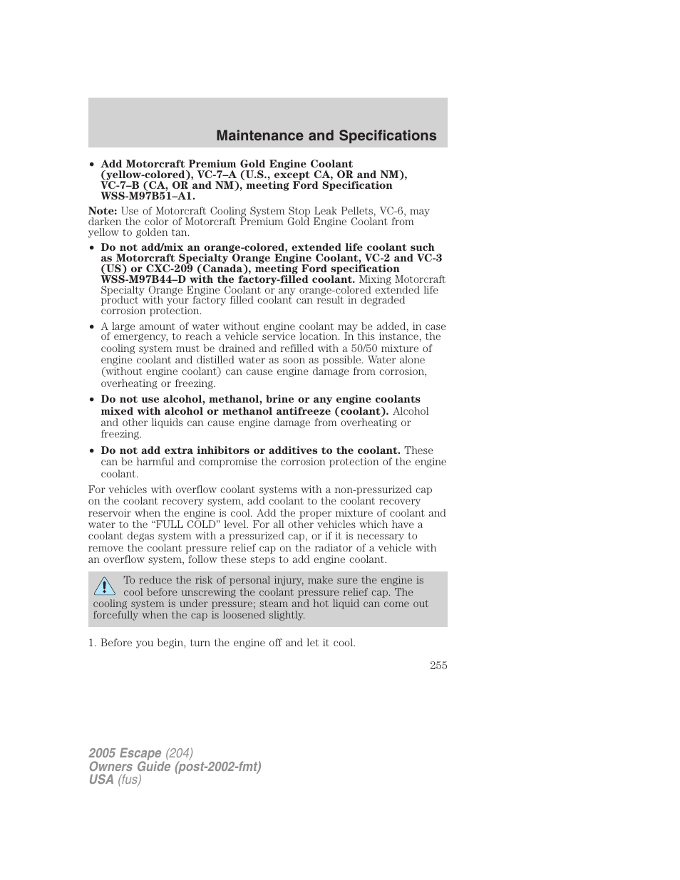 Maintenance and specifications | FORD 2005 Escape v.5 User Manual | Page 255 / 296