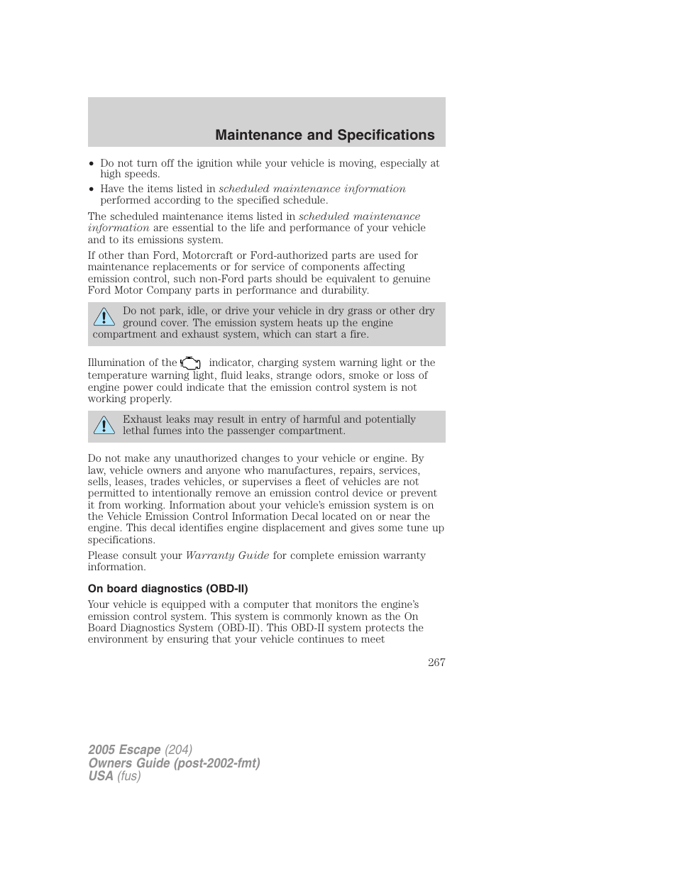 On board diagnostics (obd-ii), Maintenance and specifications | FORD 2005 Escape v.5 User Manual | Page 267 / 296