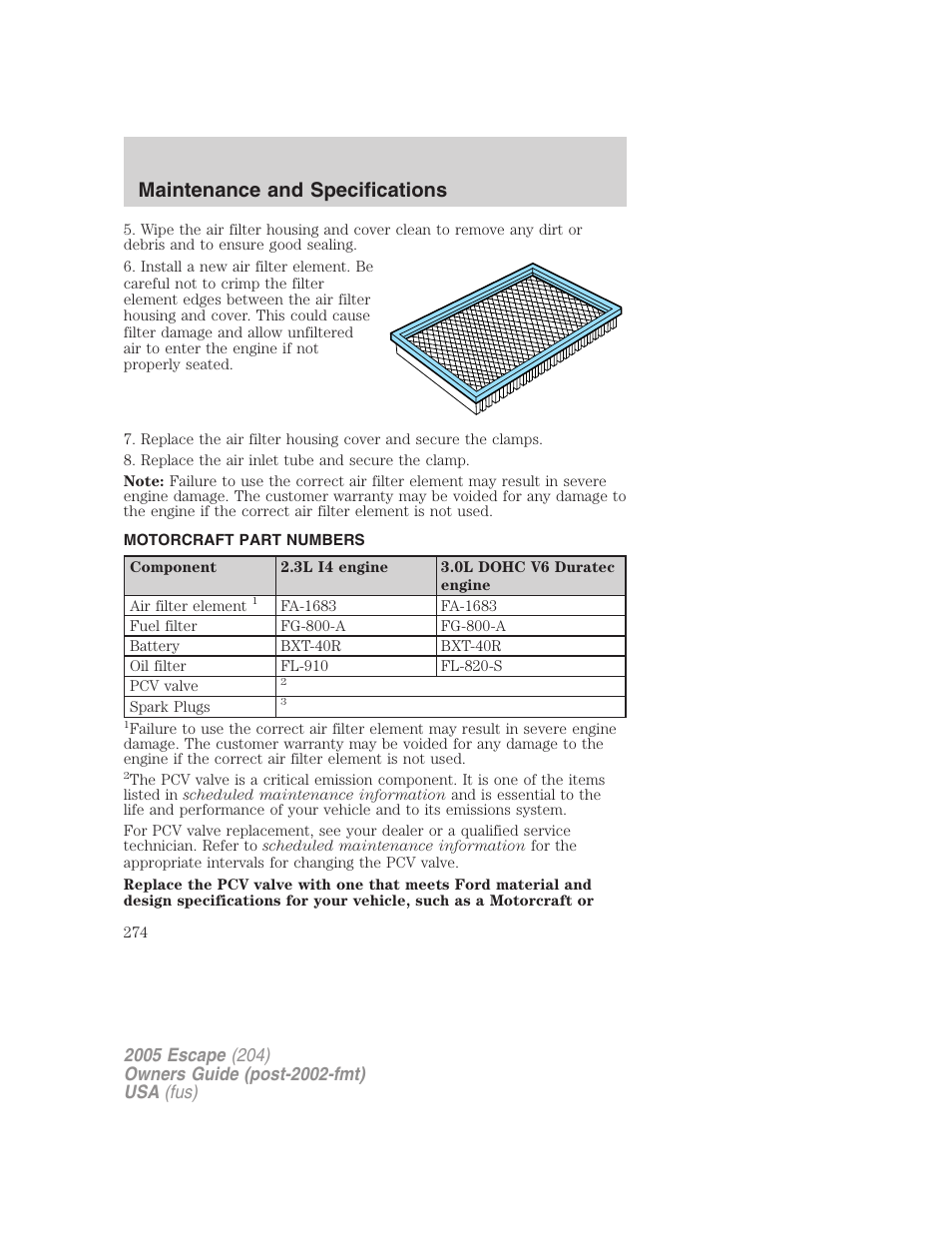Motorcraft part numbers, Part numbers, Maintenance and specifications | FORD 2005 Escape v.5 User Manual | Page 274 / 296