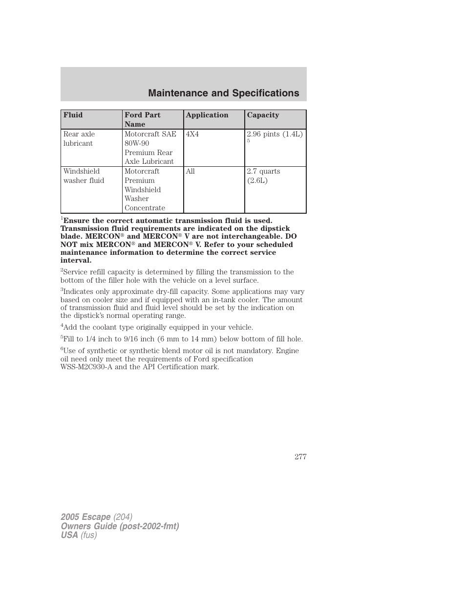 Maintenance and specifications | FORD 2005 Escape v.5 User Manual | Page 277 / 296