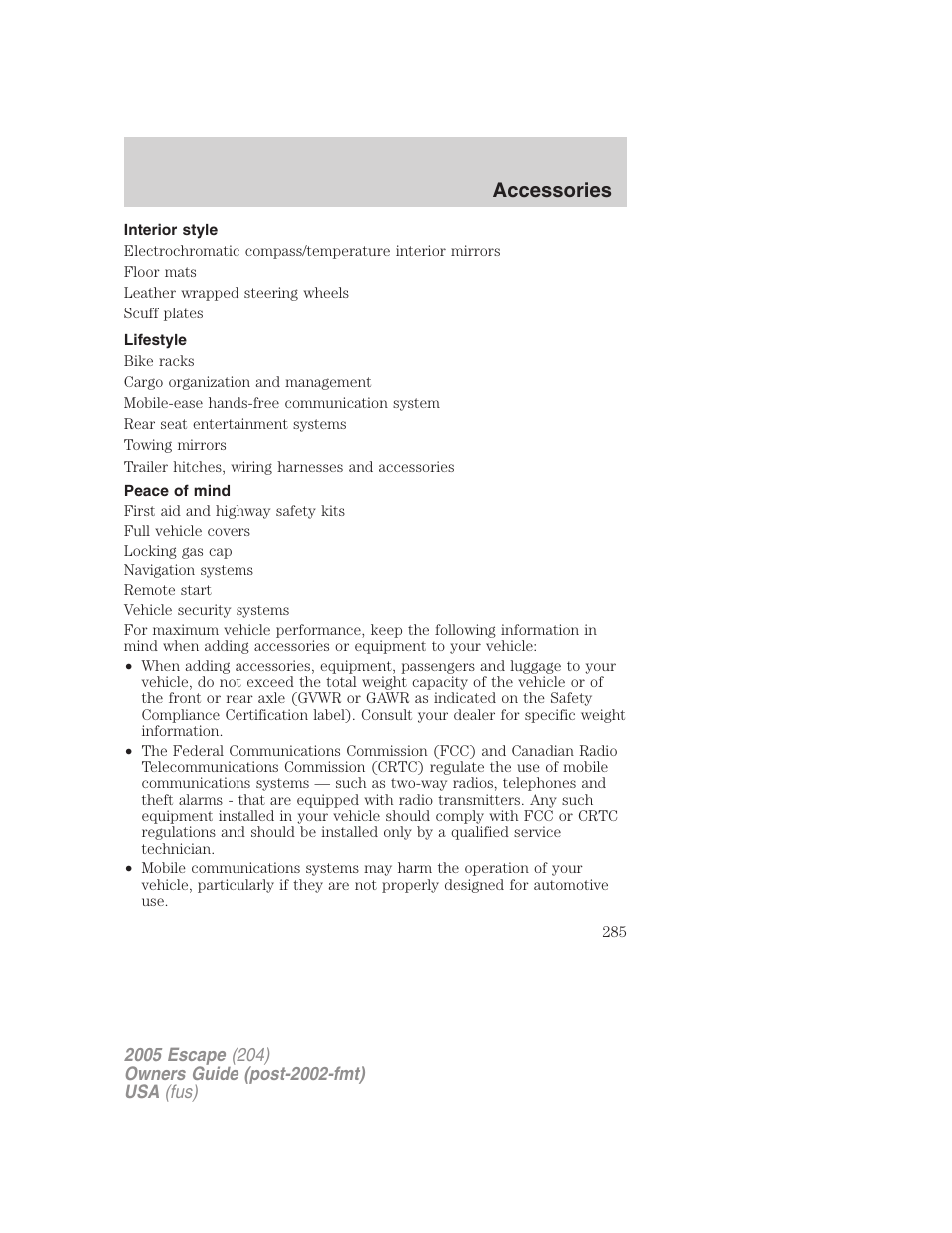 Interior style, Lifestyle, Peace of mind | Accessories | FORD 2005 Escape v.5 User Manual | Page 285 / 296