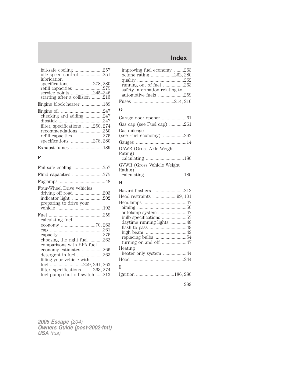 Index | FORD 2005 Escape v.5 User Manual | Page 289 / 296