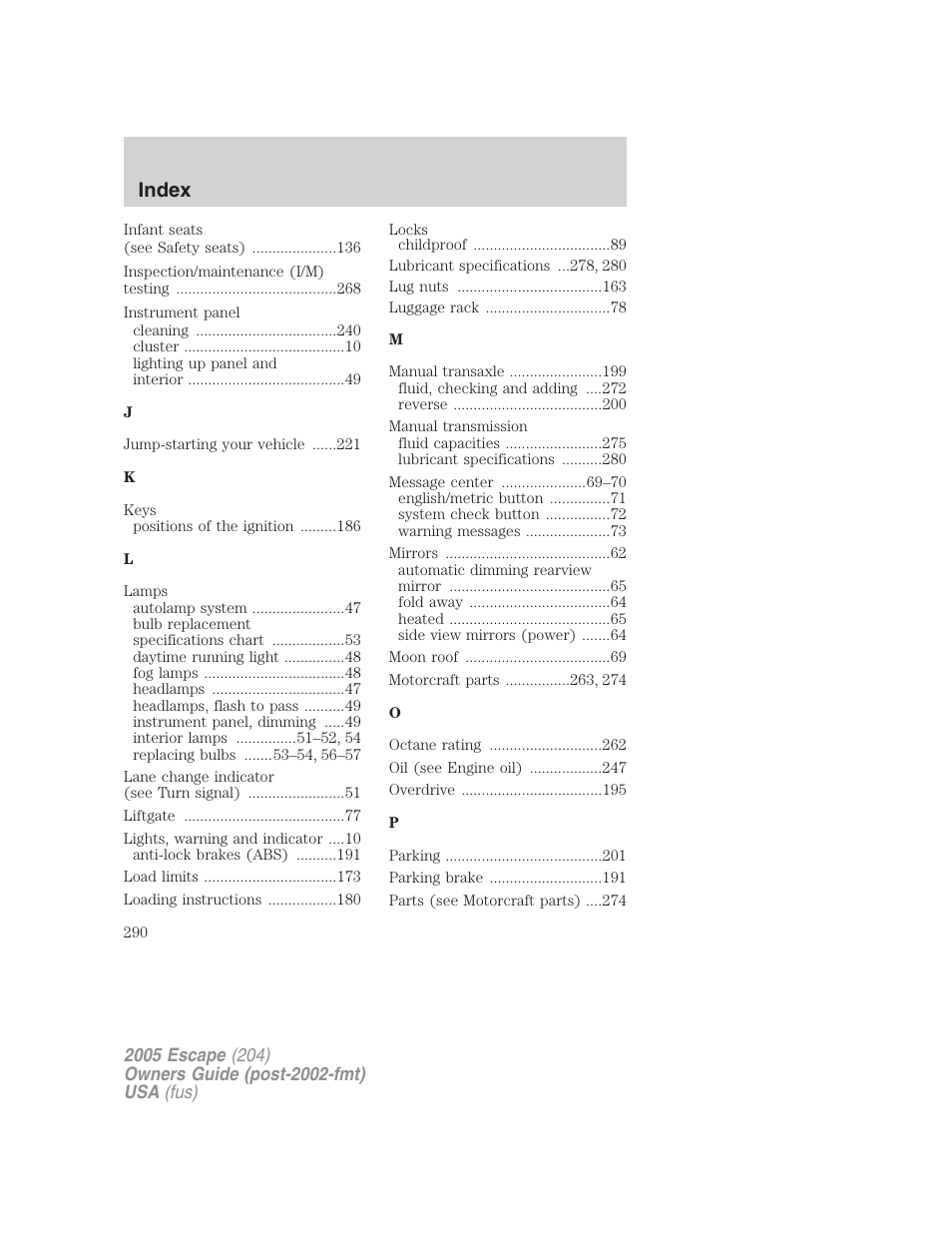 Index | FORD 2005 Escape v.5 User Manual | Page 290 / 296