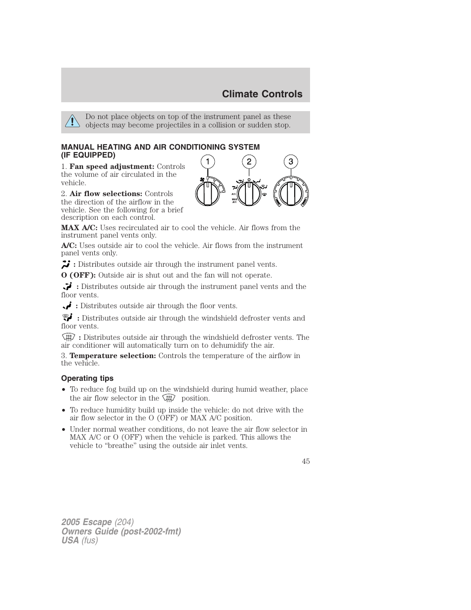 Operating tips, Manual heating and air conditioning, Climate controls | FORD 2005 Escape v.5 User Manual | Page 45 / 296